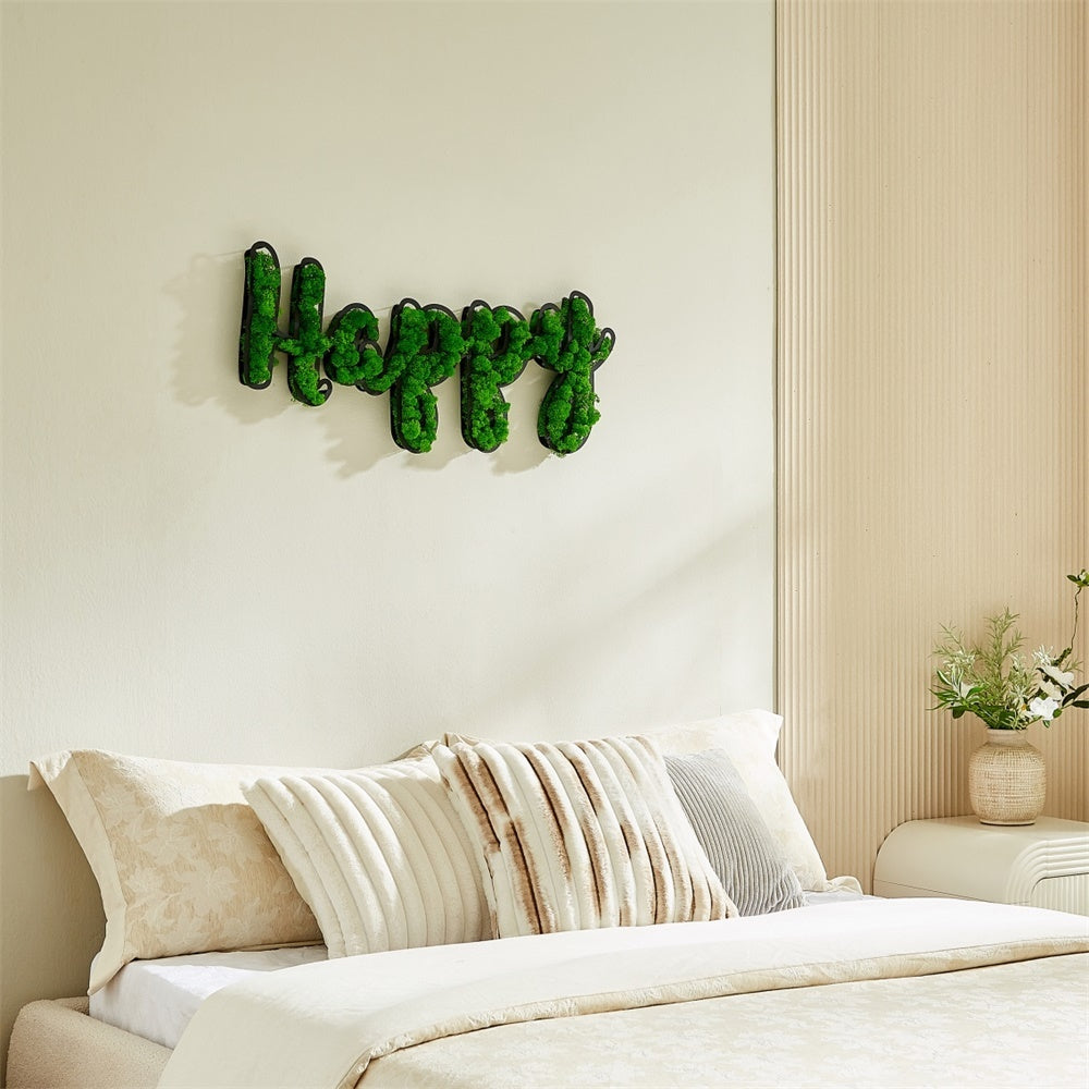 Happy Letter Art Moss Wall Decor Green Iron