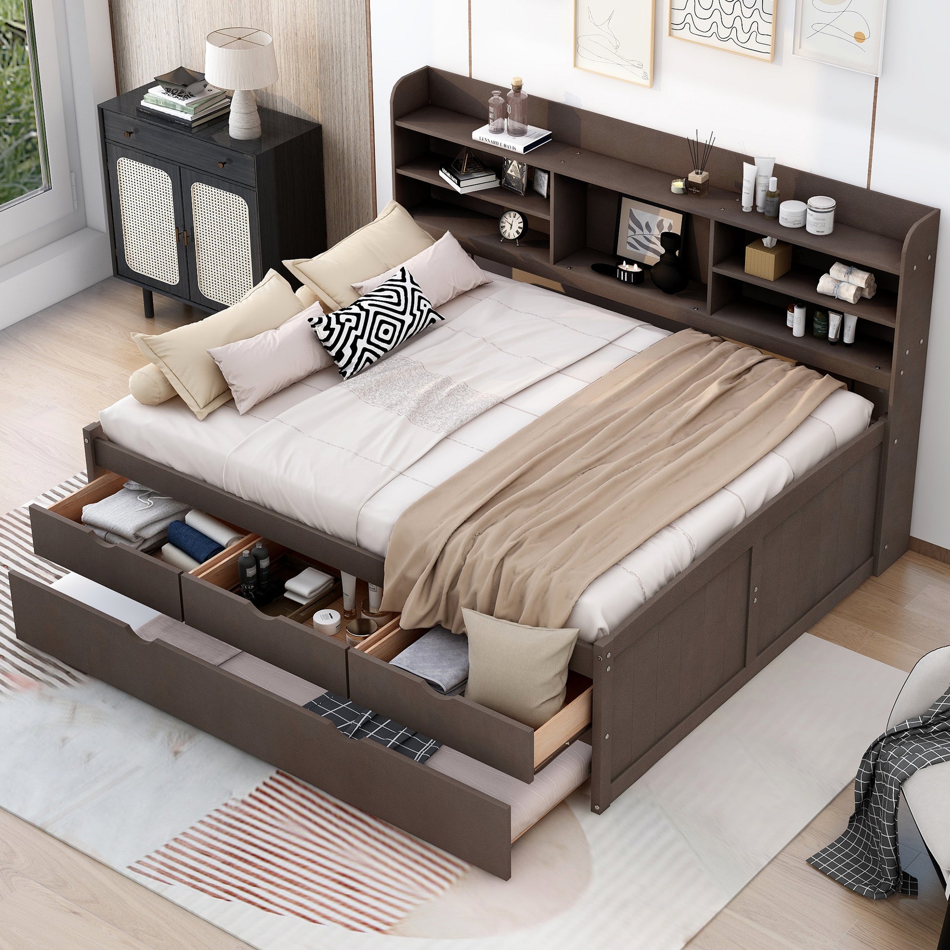 Full Size Wooden Captain Bed With Built In Bookshelves,Three Storage Drawers And Trundle,Antique Grey Antique Gray Solid Wood Mdf