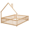 Full House Shaped Headboard Floor Bed With Fence,Natural Full Natural Wood Bedroom American Design Pine Bed Frame Pine