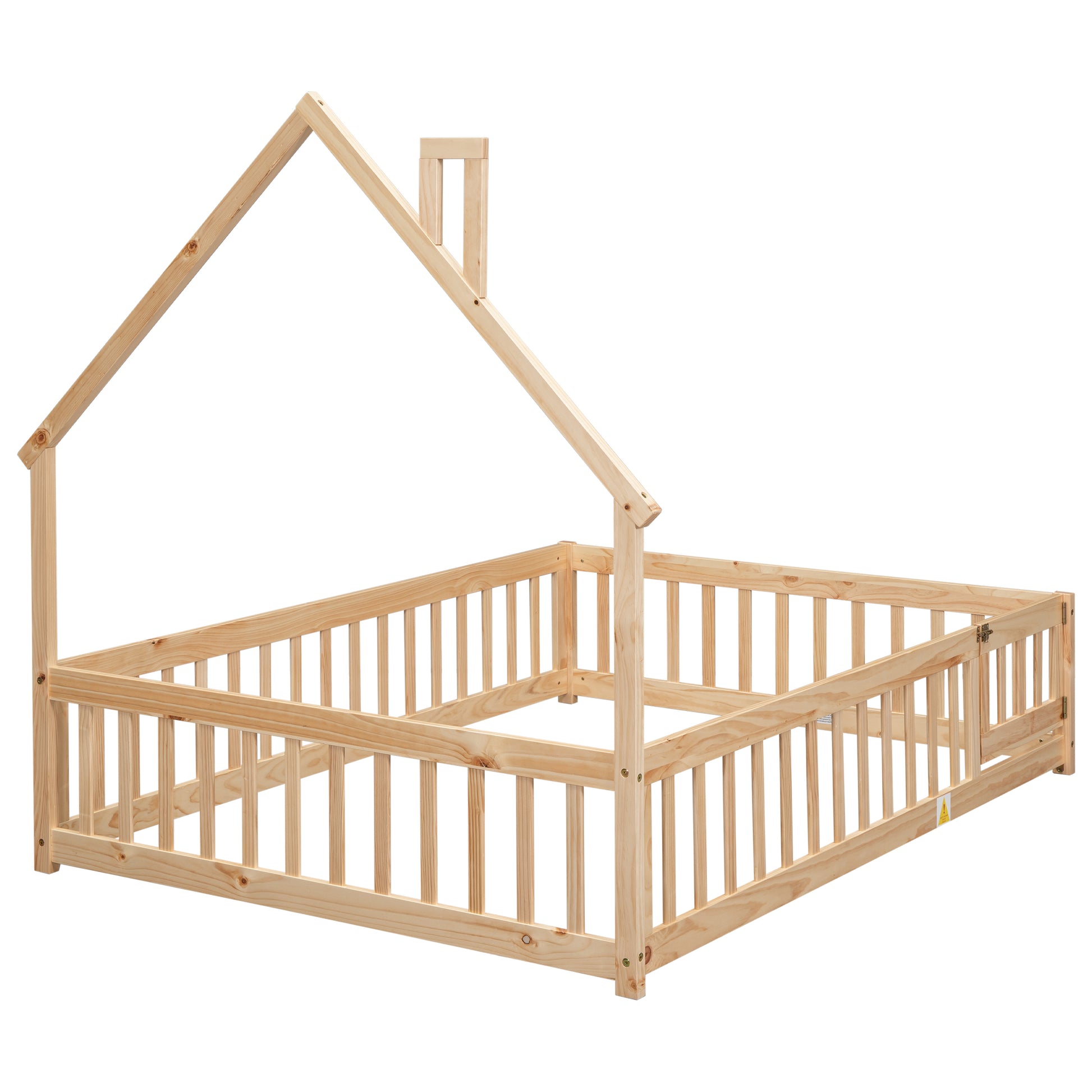 Full House Shaped Headboard Floor Bed With Fence,Natural Full Natural Wood Bedroom American Design Pine Bed Frame Pine