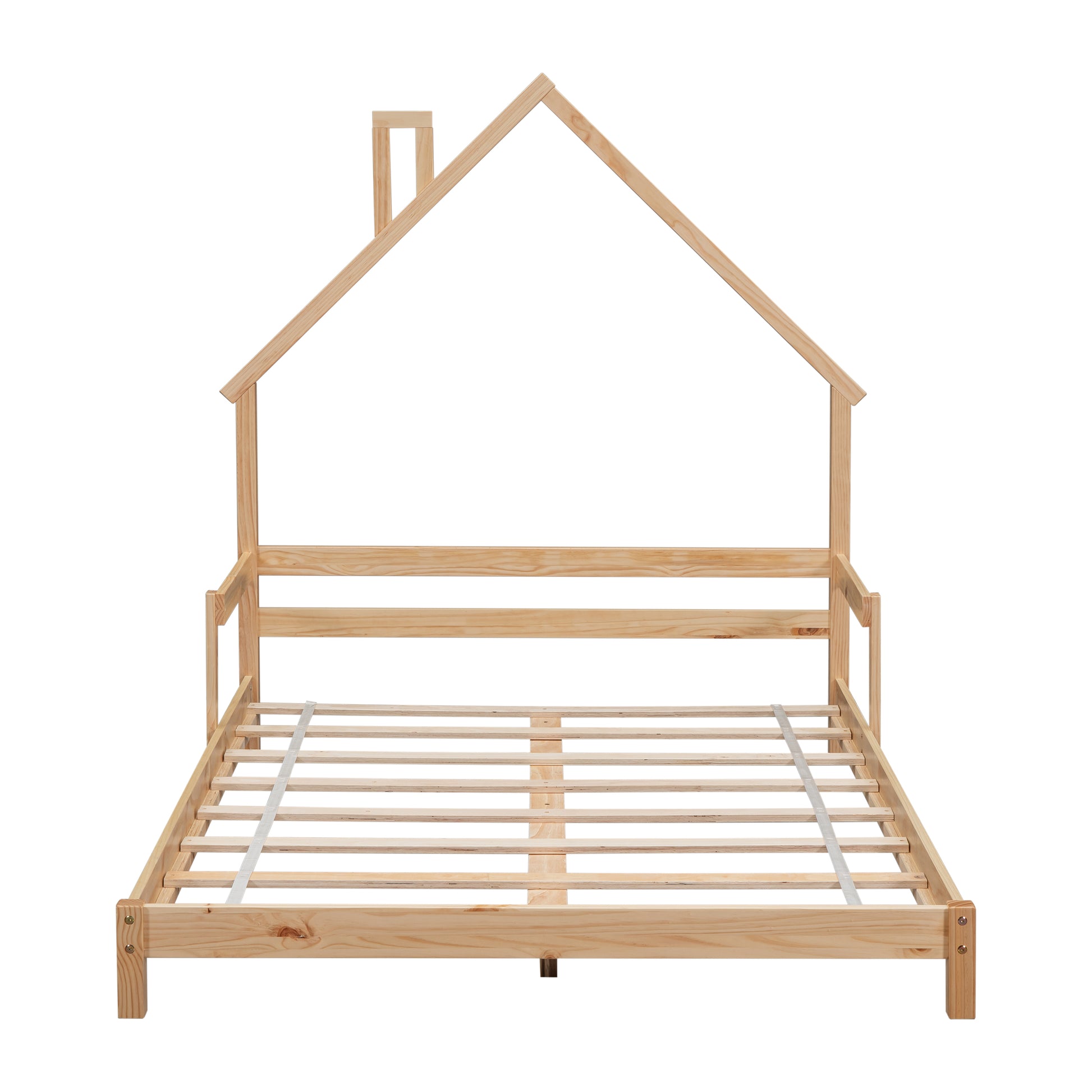 Full House Shaped Headboard Bed With Handrails ,Slats,Natural Full Natural Wood Bedroom American Design Pine Bed Frame Pine