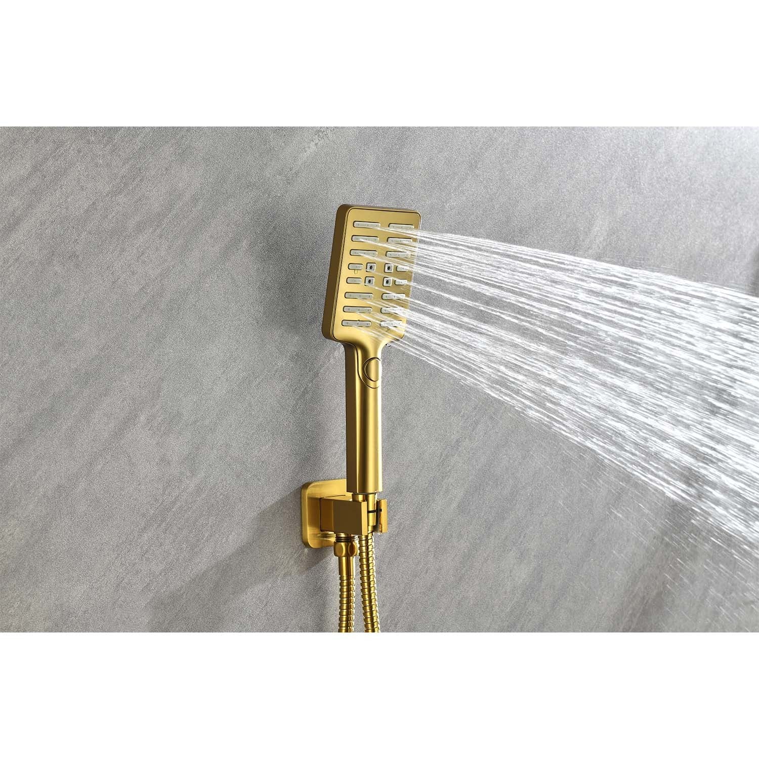 Wall Mounted Waterfall Rain Shower System With 3 Body Sprays & Handheld Shower Brushed Gold Wall Mounted Bathroom Brass