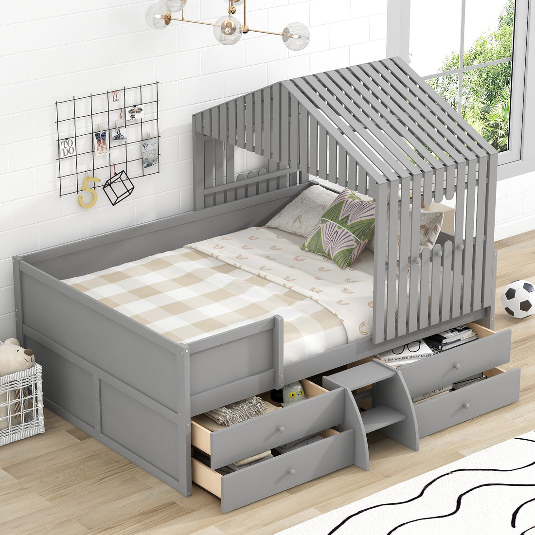 Full Size House Low Loft Bed With Four Drawers,Gray Box Spring Not Required Gray Wood Pine