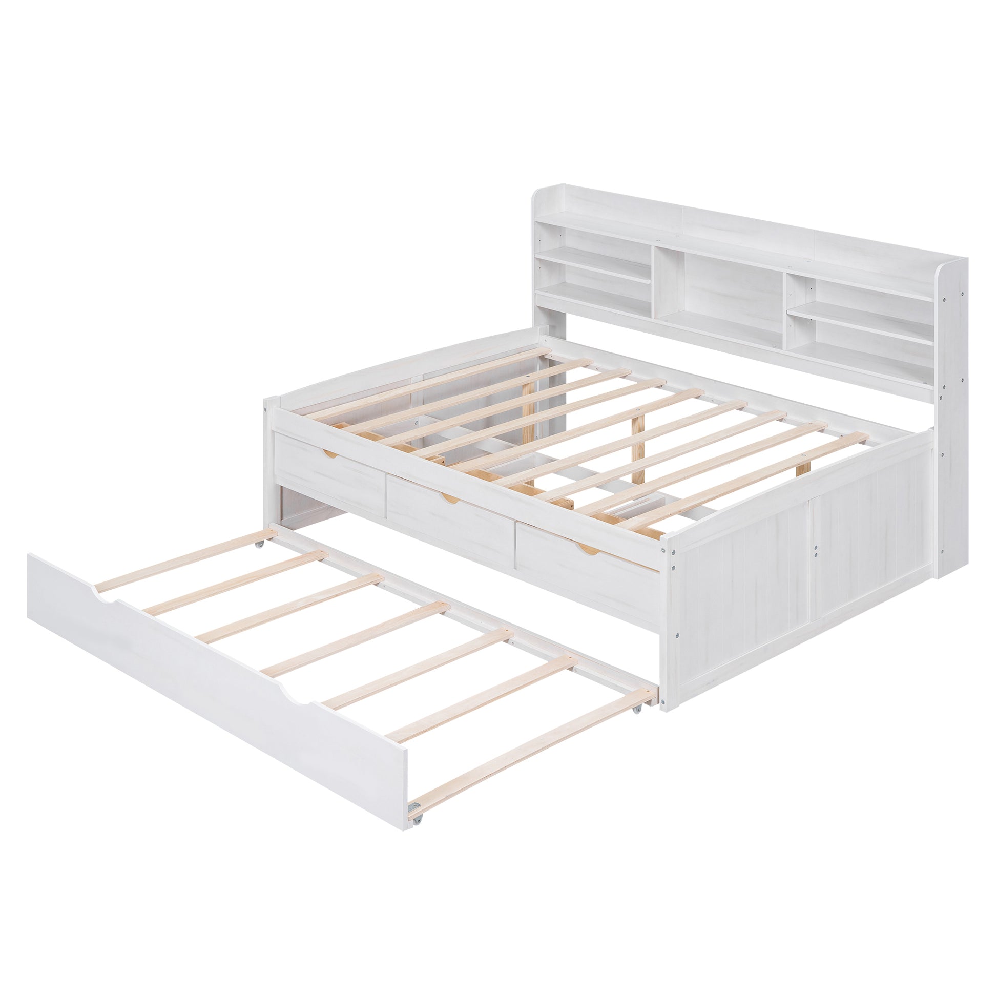 Full Size Wooden Captain Bed With Built In Bookshelves,Three Storage Drawers And Trundle,White Wash White Solid Wood Mdf