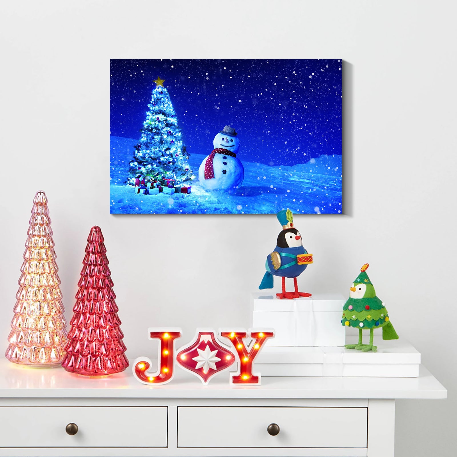 Framed Canvas Wall Art Decor Painting For Chrismas, Chrismas Tree With Cute Snowman Chrismas Gift Painting For Chrismas Gift, Decoration For Chrismas Eve Office Living Room, 1812In Thickness 1.5Inch Rectangle Framed Multicolor Christmas Oversized 41In