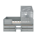 Full Size House Low Loft Bed With Four Drawers,Gray Box Spring Not Required Gray Wood Pine