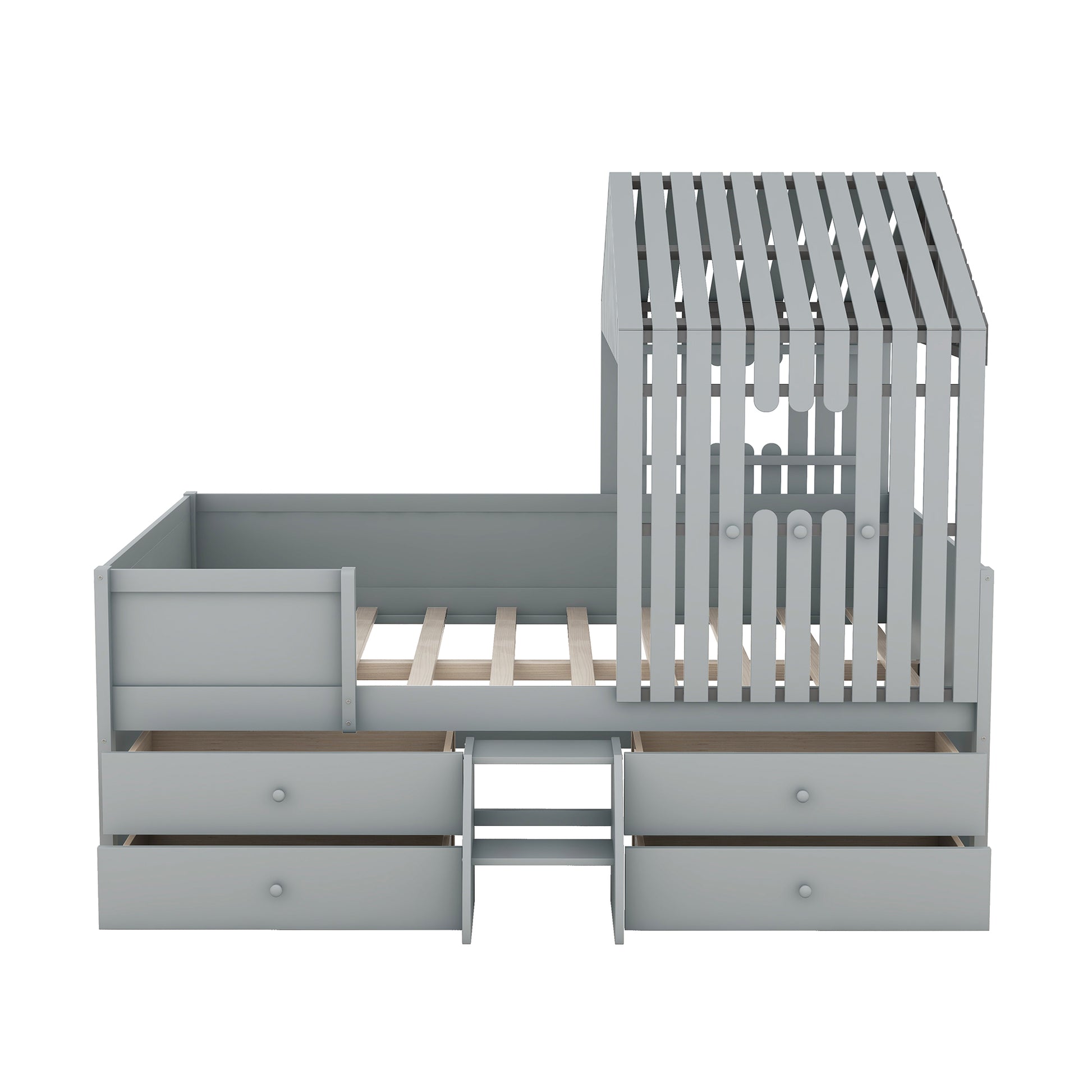 Full Size House Low Loft Bed With Four Drawers,Gray Box Spring Not Required Gray Wood Pine