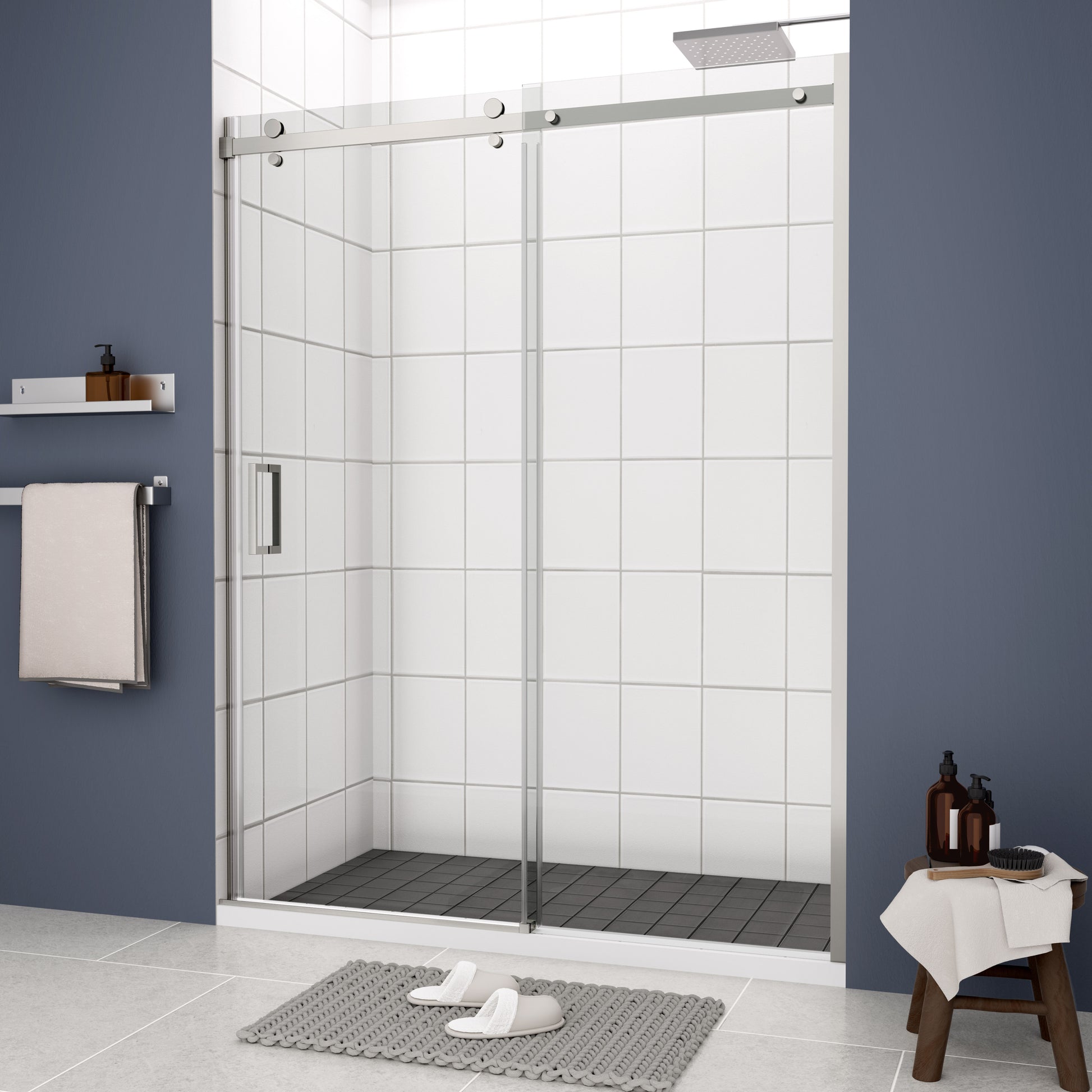 Glass Shower Door, Sliding Door, With 5 16" Tempered Glass And Polished Chrome Finish 6074 Chrome Bathroom Aluminium Alloy