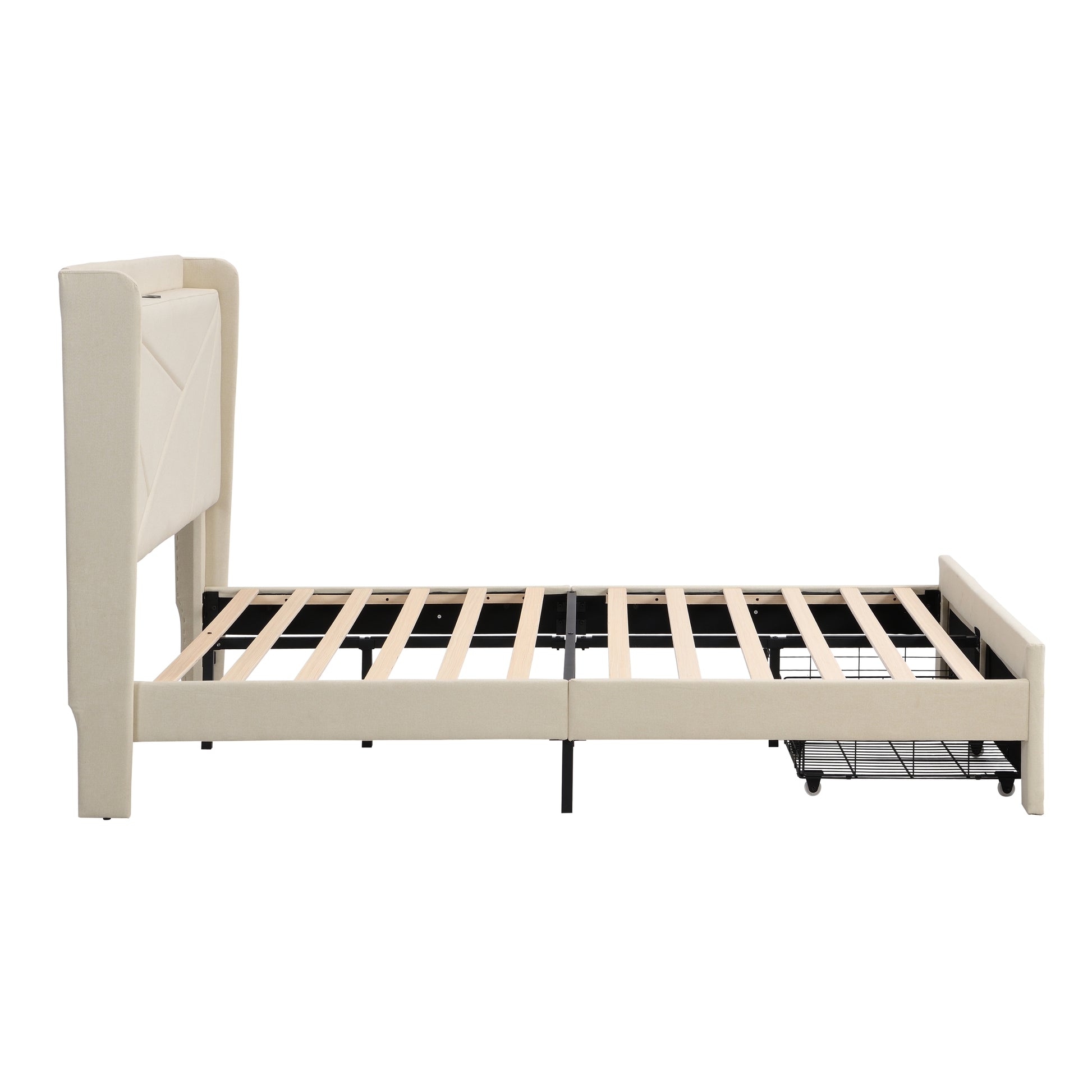 Full Size Bed Frame With 2 Storage Drawers, Upholstered Bed Frame With Wingback Headboard Storage Shelf Built In Usb Charging Stations And Strong Wood Slats Support, No Box Spring Needed, Beige Box Spring Not Required Full Beige Composite Bedroom Bed