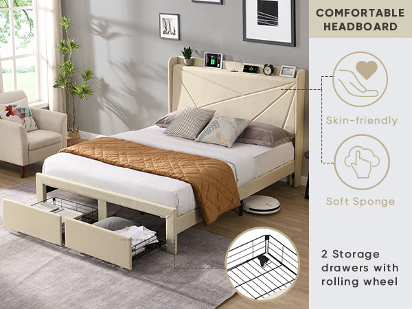 Queen Size Bed Frame With 2 Storage Drawers, Upholstered Bed Frame With Wingback Headboard Storage Shelf Built In Usb Charging Stations And Strong Wood Slats Support, No Box Spring Needed, Beige Box Spring Not Required Queen Beige Composite Bedroom Bed