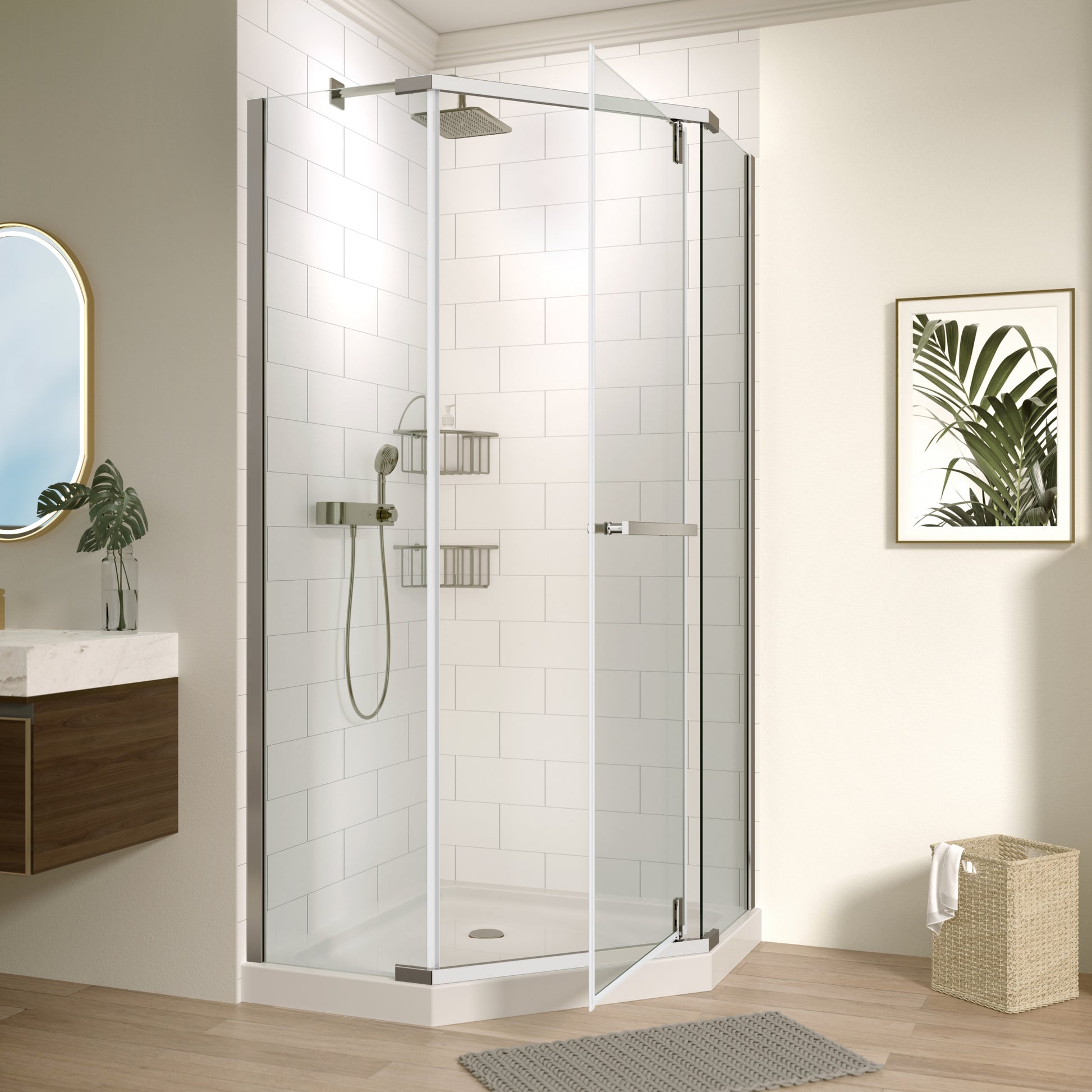 Pivot Shower Door, With 1 4" Tempered Glass34.75 In. X 72 In. Frameless Neo Angle Pivot Shower Enclosure In Chrome. Chrome Aluminium Alloy