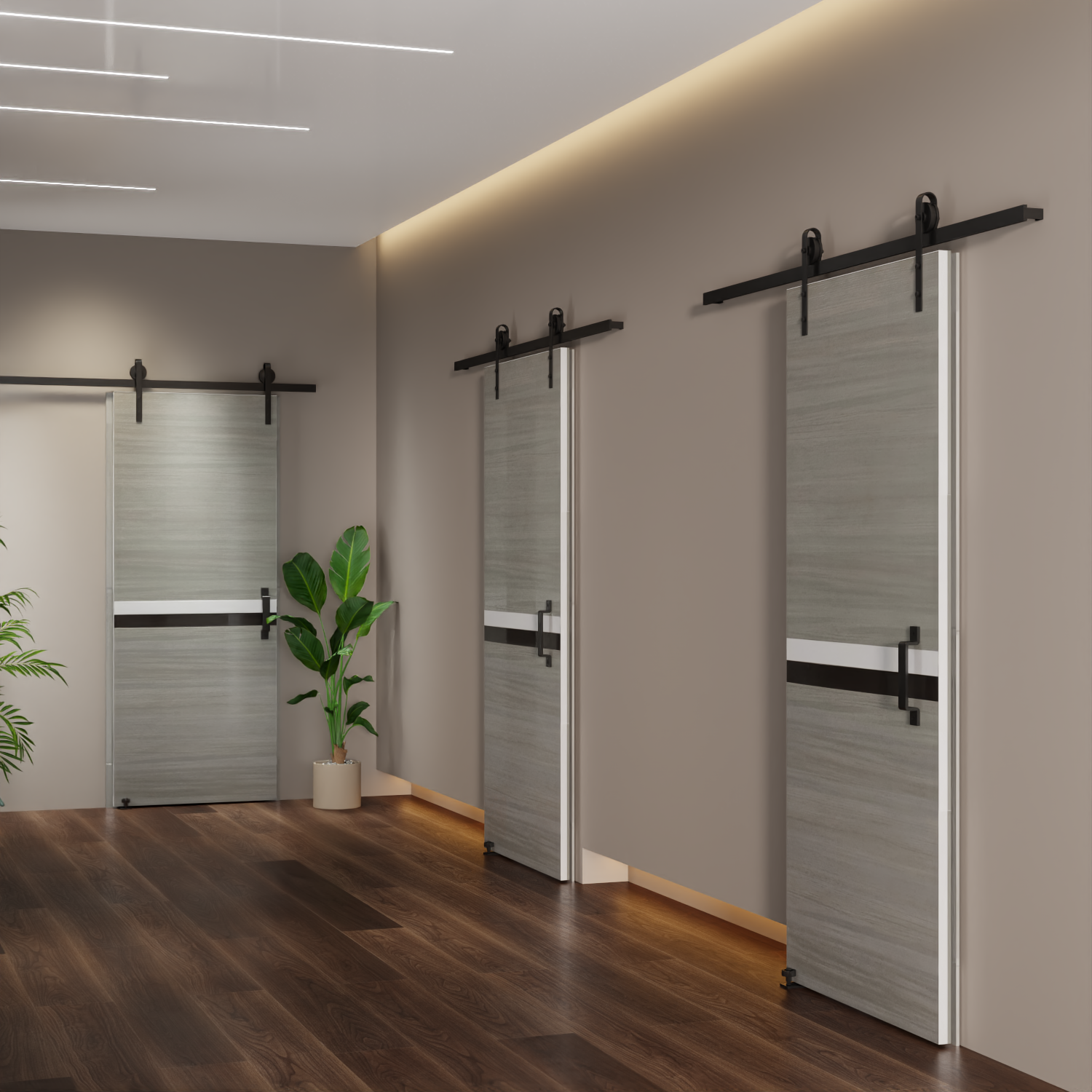 30" X 80" Melamine Integrated Door Slab 6.6Ft Sliding Track Kit Adjustable Floor Guider Pull Handle, Modern Interior Door Panel, Protected By 2Mm Thick Melamine Layer, Moisture Proof Gray Melamine