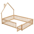 Full House Shaped Headboard Floor Bed With Fence,Natural Full Natural Wood Bedroom American Design Pine Bed Frame Pine