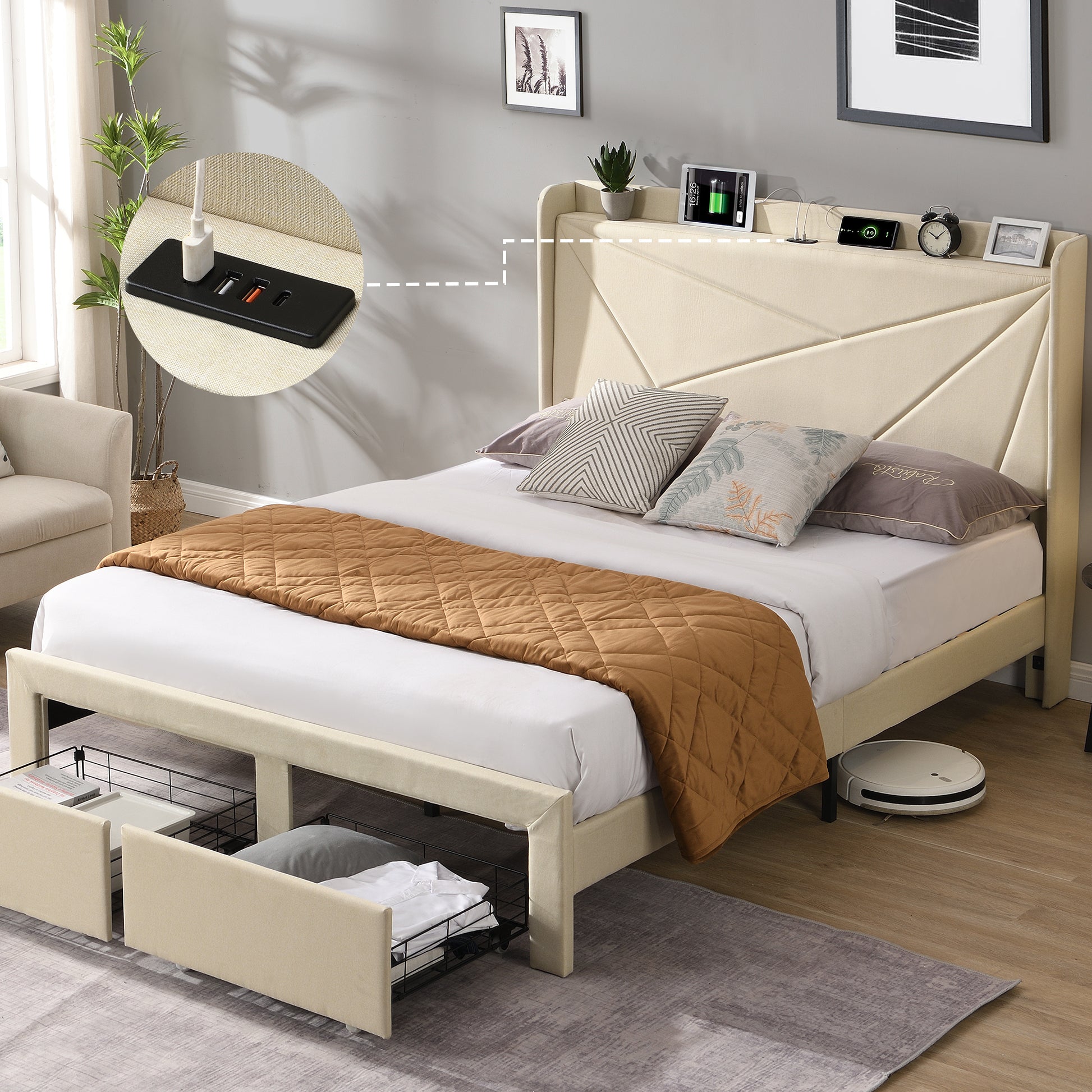Queen Size Bed Frame With 2 Storage Drawers, Upholstered Bed Frame With Wingback Headboard Storage Shelf Built In Usb Charging Stations And Strong Wood Slats Support, No Box Spring Needed, Beige Box Spring Not Required Queen Beige Composite Bedroom Bed