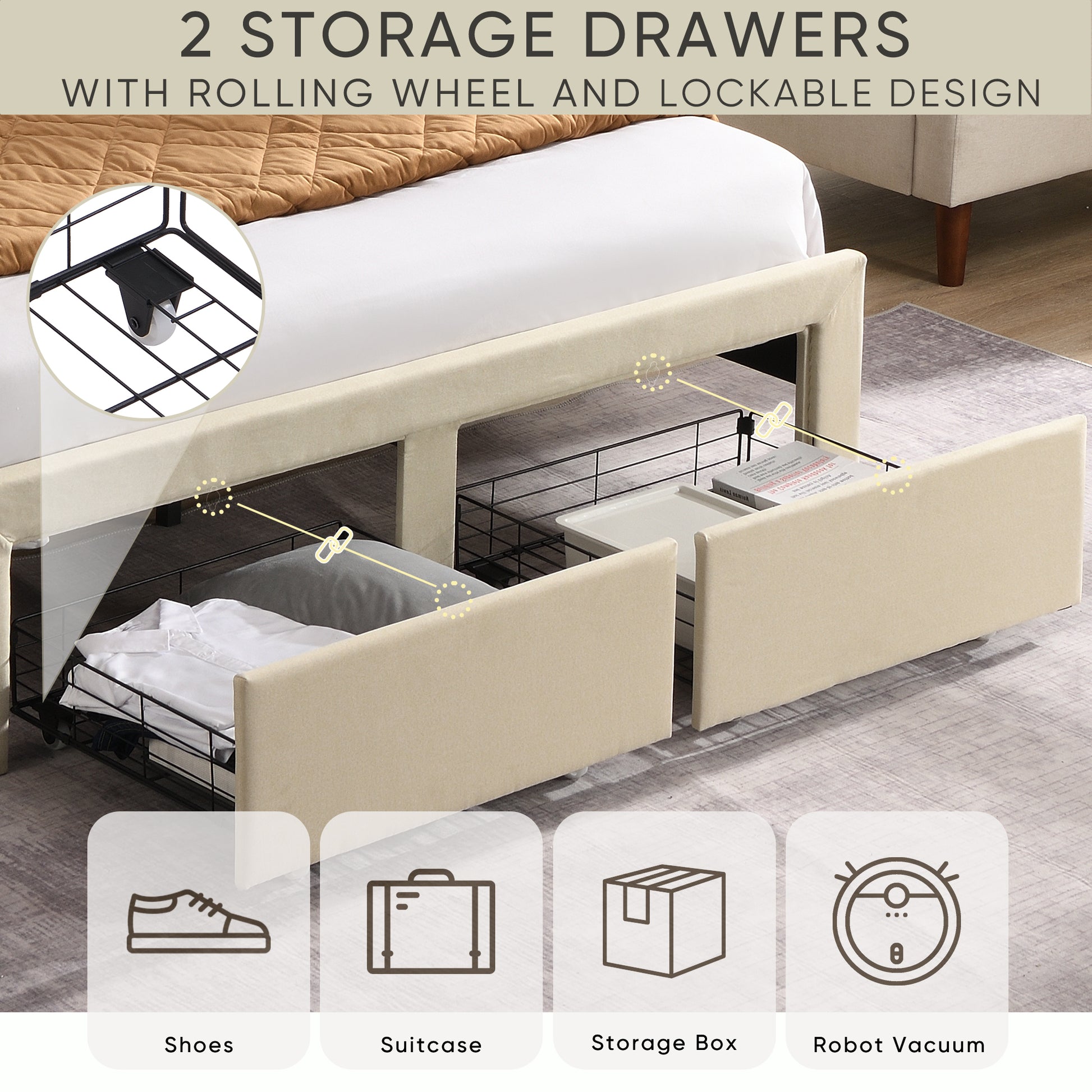 Full Size Bed Frame With 2 Storage Drawers, Upholstered Bed Frame With Wingback Headboard Storage Shelf Built In Usb Charging Stations And Strong Wood Slats Support, No Box Spring Needed, Beige Box Spring Not Required Full Beige Composite Bedroom Bed