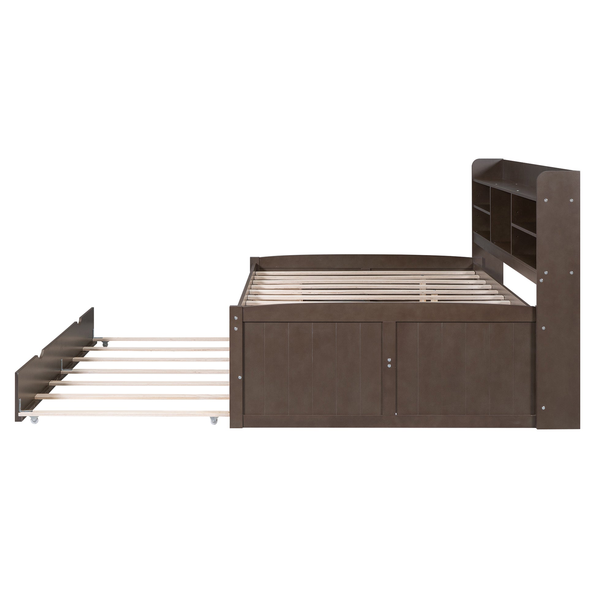 Full Size Wooden Captain Bed With Built In Bookshelves,Three Storage Drawers And Trundle,Antique Grey Antique Gray Solid Wood Mdf