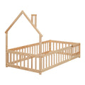 Twin House Shaped Headboard Floor Bed With Fence,Natural Twin Natural Wood Bedroom American Design Pine Bed Frame Pine