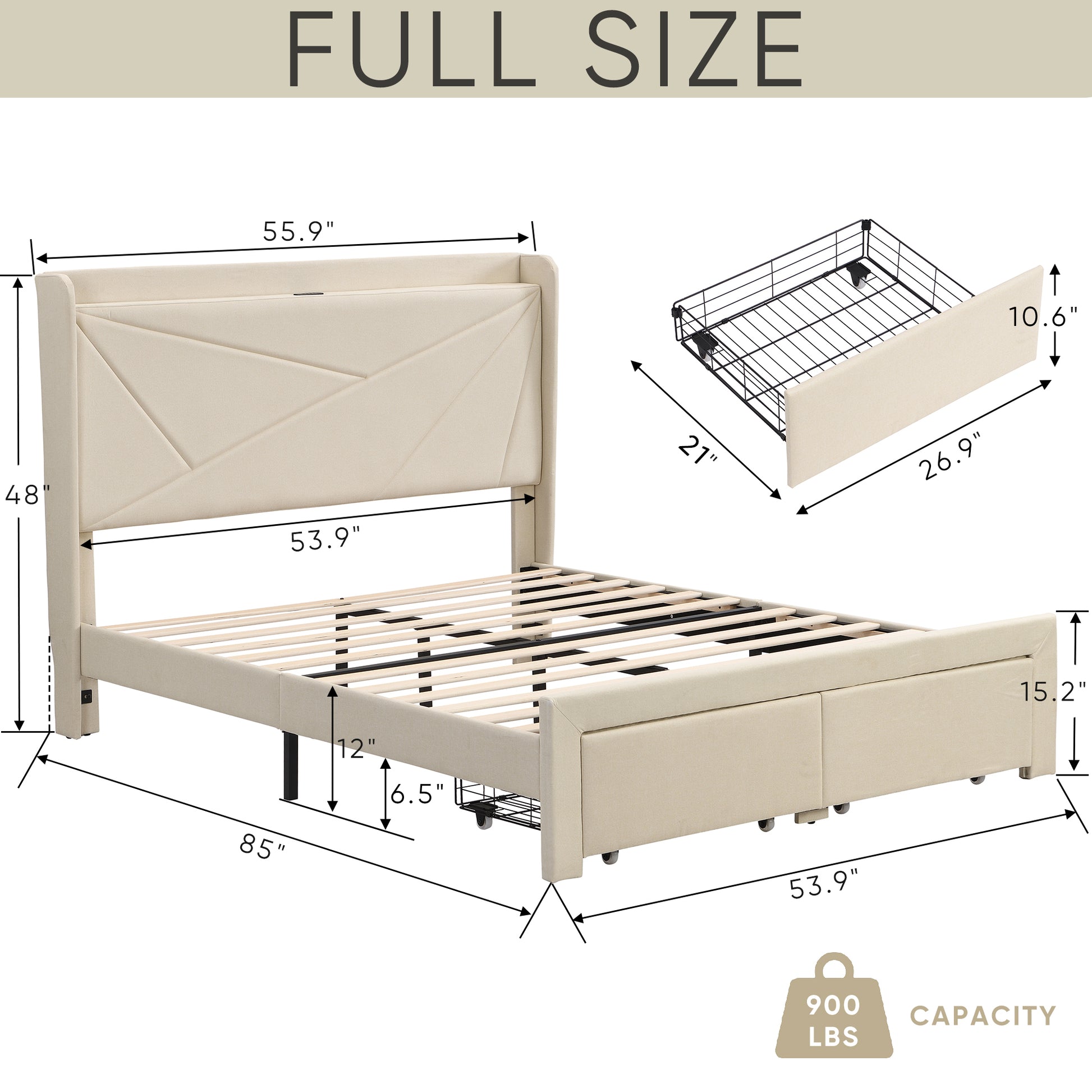 Full Size Bed Frame With 2 Storage Drawers, Upholstered Bed Frame With Wingback Headboard Storage Shelf Built In Usb Charging Stations And Strong Wood Slats Support, No Box Spring Needed, Beige Box Spring Not Required Full Beige Composite Bedroom Bed