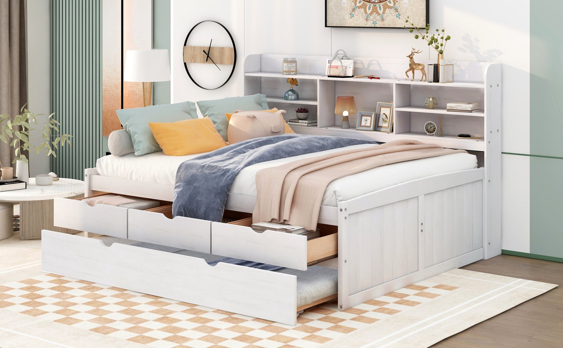 Full Size Wooden Captain Bed With Built In Bookshelves,Three Storage Drawers And Trundle,White Wash White Solid Wood Mdf