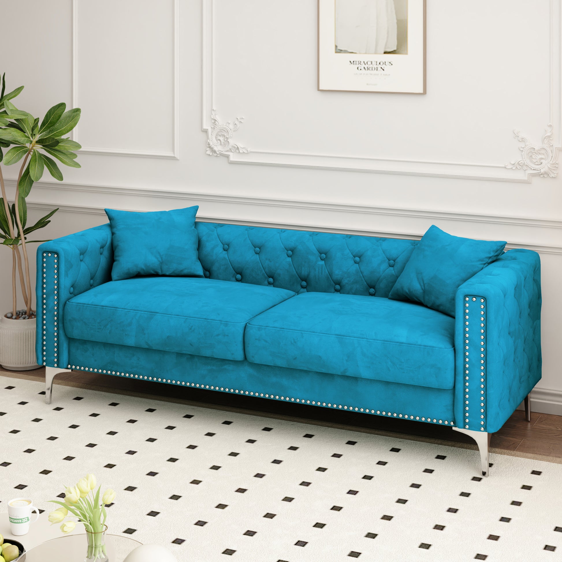 Sofa Includes 2 Pillows, 83 "Blue Velvet Triple Sofa, Suitable For Large And Small Spaces Blue Velvet