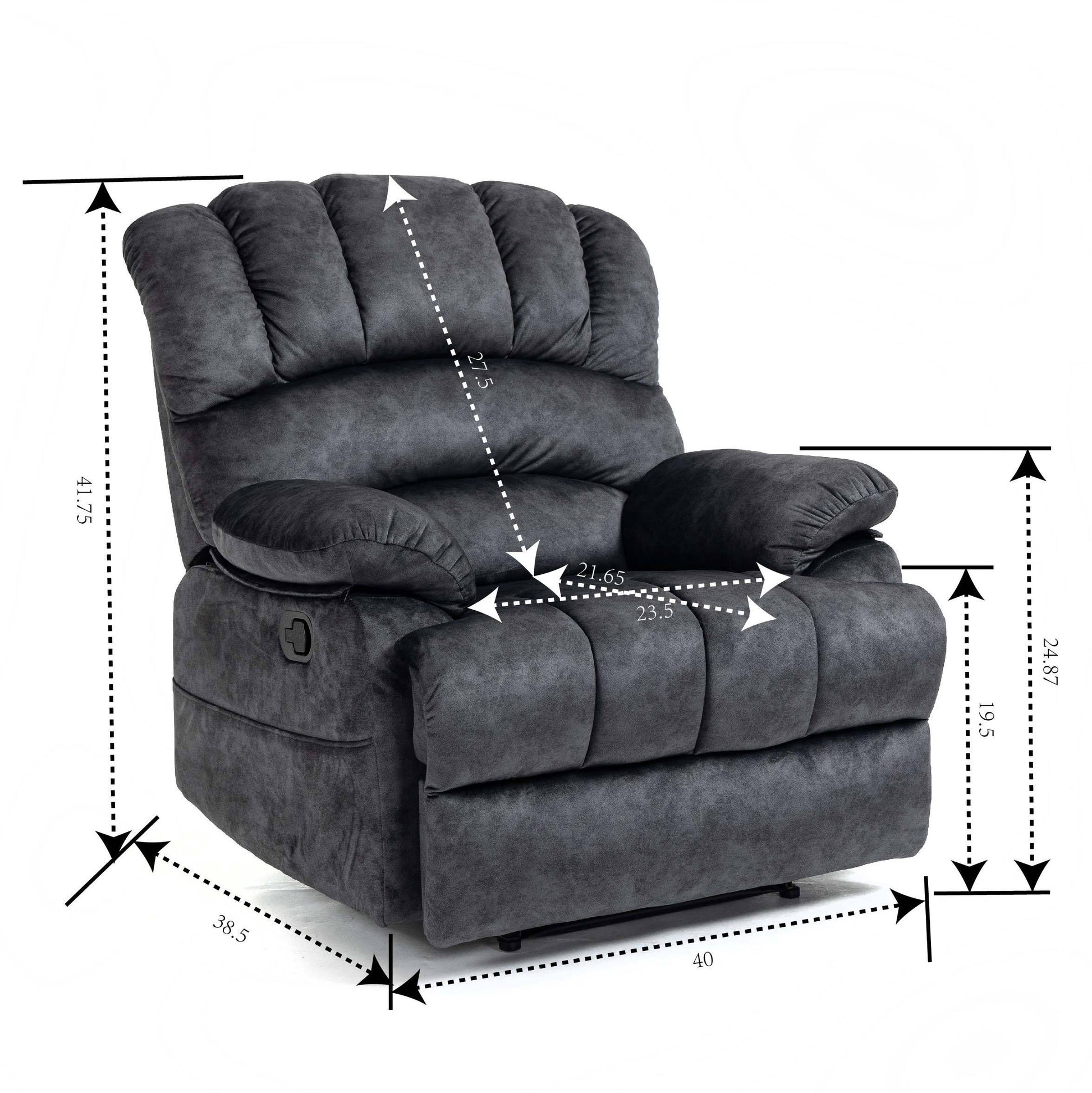 Large Manual Recliner Chair In Fabric For Living Room, Gray Dark Gray Velvet Manual Handle Metal Primary Living Space Medium Firm Cushion Back Heavy Duty American Design Pine Pillow Top Arms Fiber Foam And Polyester Fiber Pad Fabric