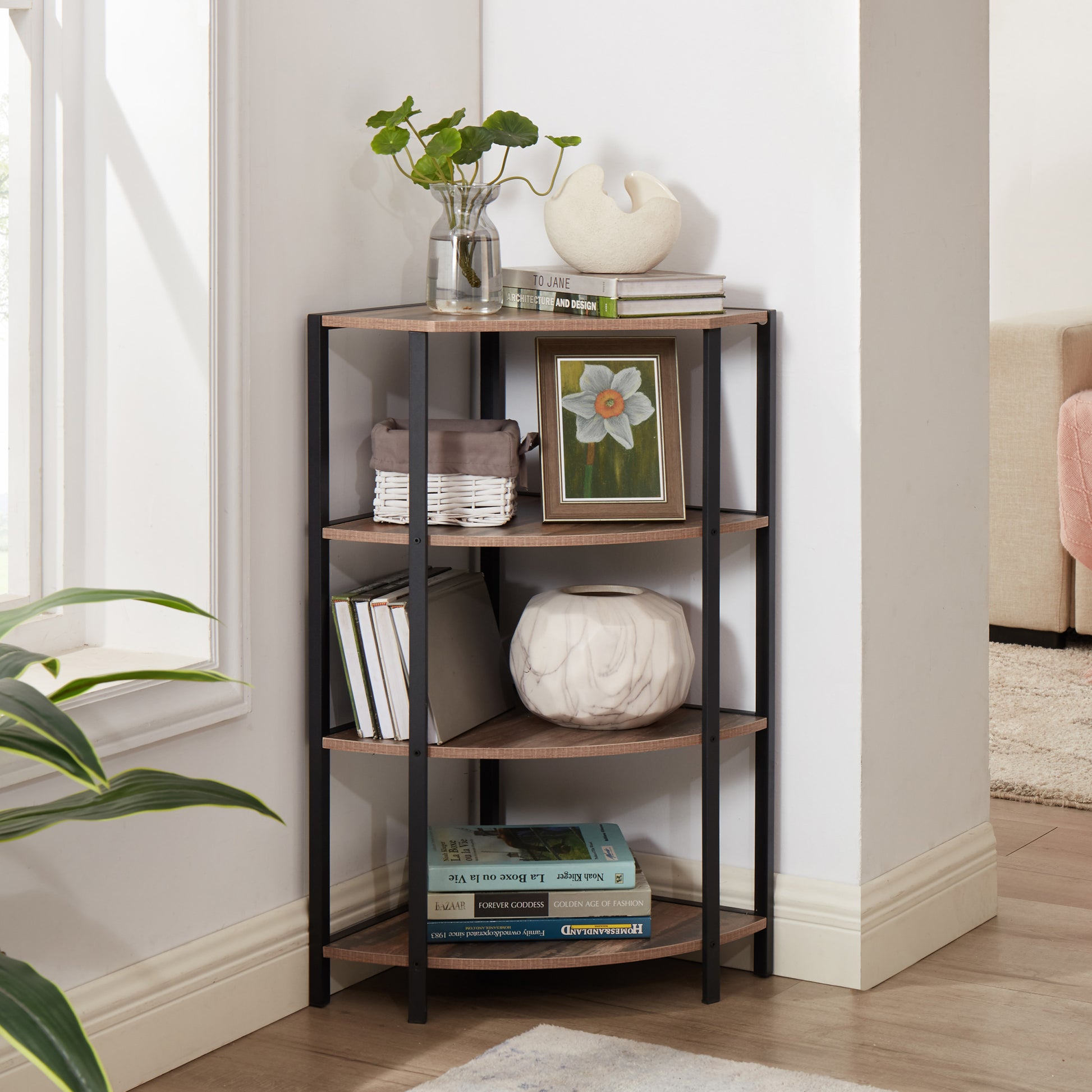 4 Tier Corner Open Shelf,Bookcase Freestanding Shelving Unit,Plant Stand Small Bookshelf For Living Room, Home Office, Kitchen, Small Space Brown Corner Office American Design,Rustic Metal & Wood