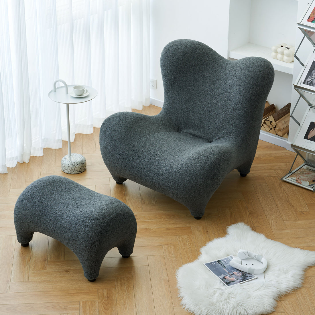 Modern Accent Chair And Ottoman Set, High Back Sherpa Blouce Fabric Armchair With Footstool For Living Room, Lounge, Bedroom, Reading Room, Office Gray Foam