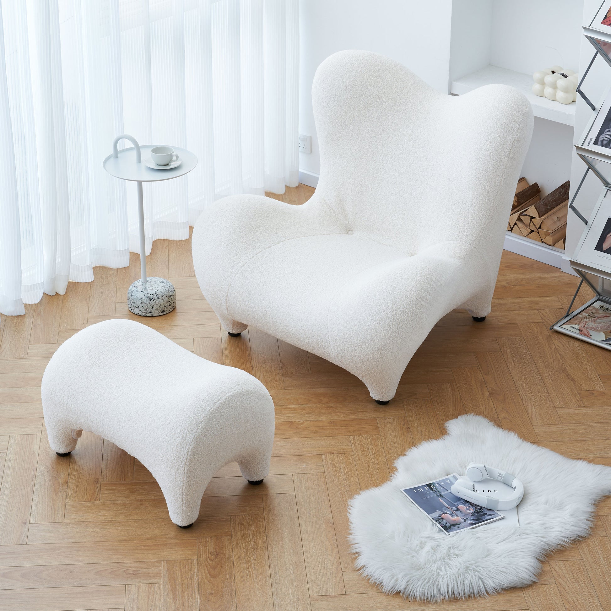 Modern Accent Chair And Ottoman Set, High Back Sherpa Blouce Fabric Armchair With Footstool For Living Room, Lounge, Bedroom, Reading Room, Office White Foam