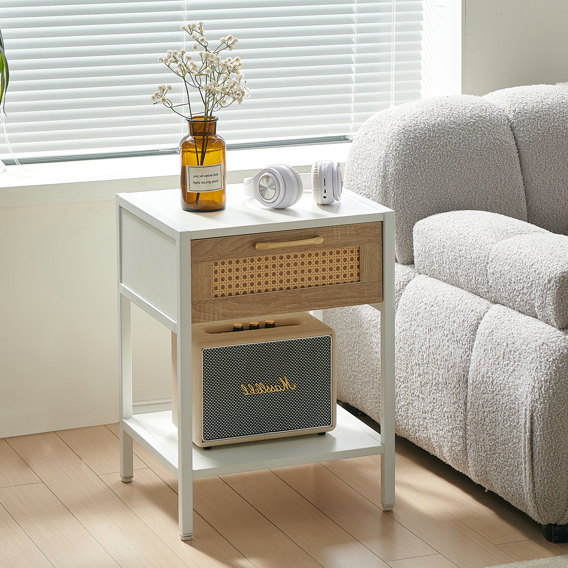 15.74" Rattan End Table With Drawer, Modern Nightstand, Metal Legs,Side Table For Living Room, Bedroom,White 1 Pc White Mdf Metal