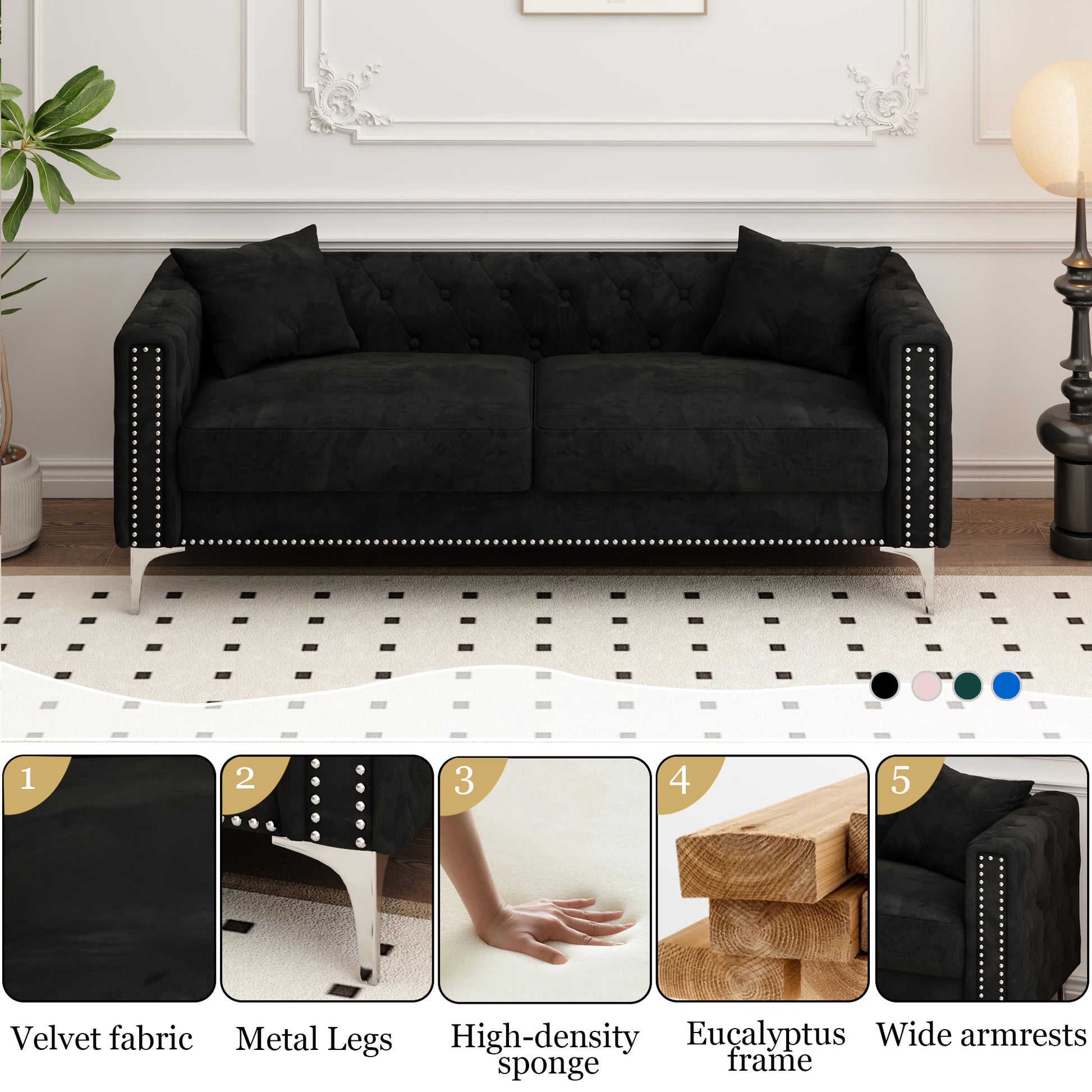 Sofa Includes 2 Pillows, 83 "Black Velvet Triple Sofa, Suitable For Large And Small Spaces Black Velvet