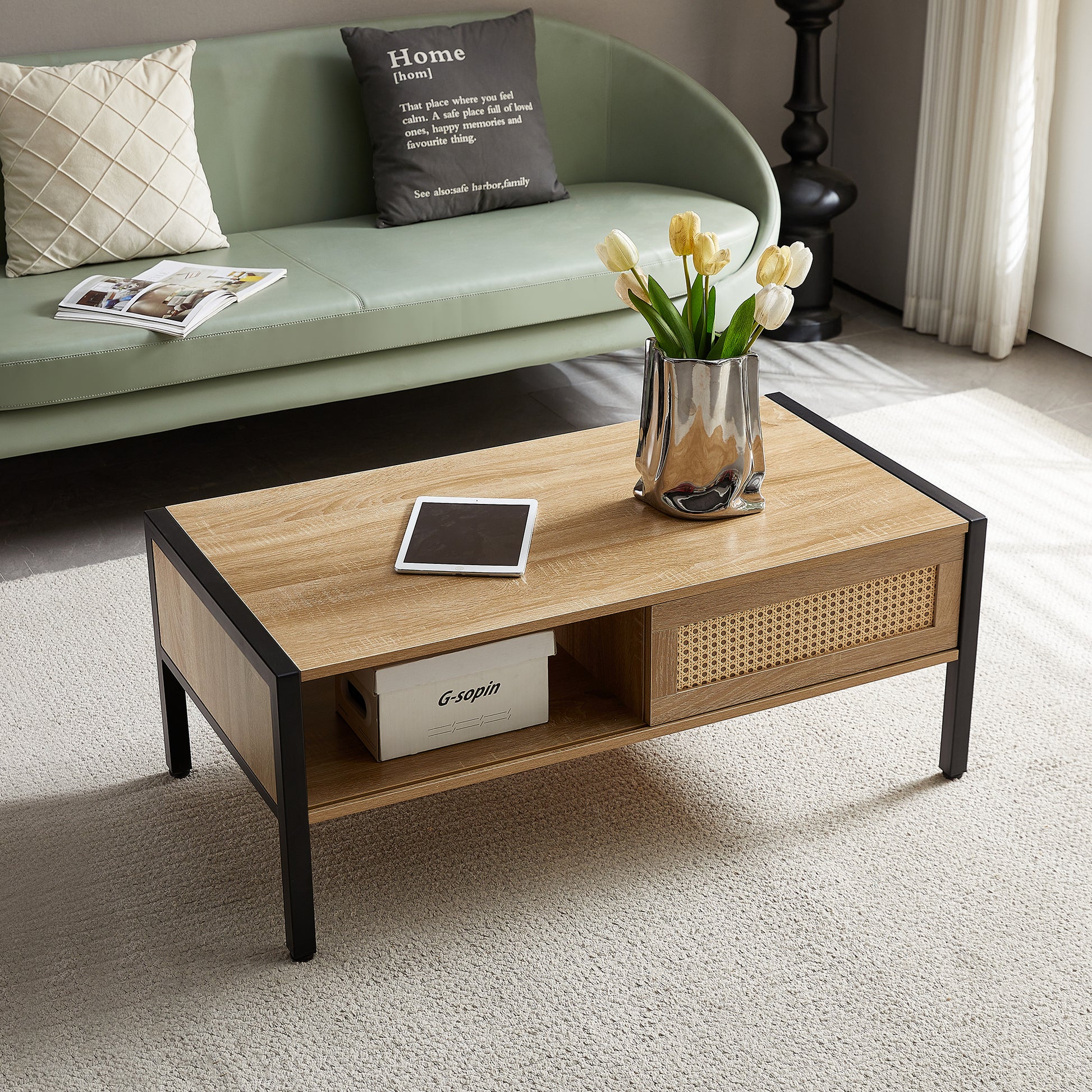 40.16" Rattan Coffee Table, Sliding Door For Storage, Metal Legs, Modern Table For Living Roomnatural Natural Mdf Metal