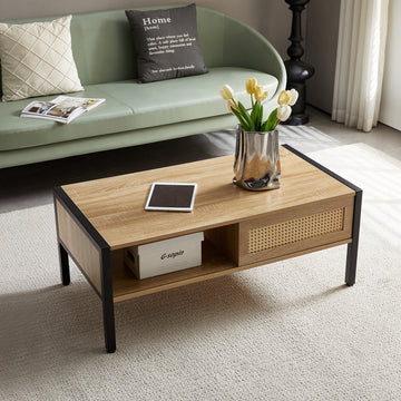 40.16" Rattan Coffee Table, Sliding Door For Storage, Metal Legs, Modern Table For Living Roomnatural Natural Mdf Metal