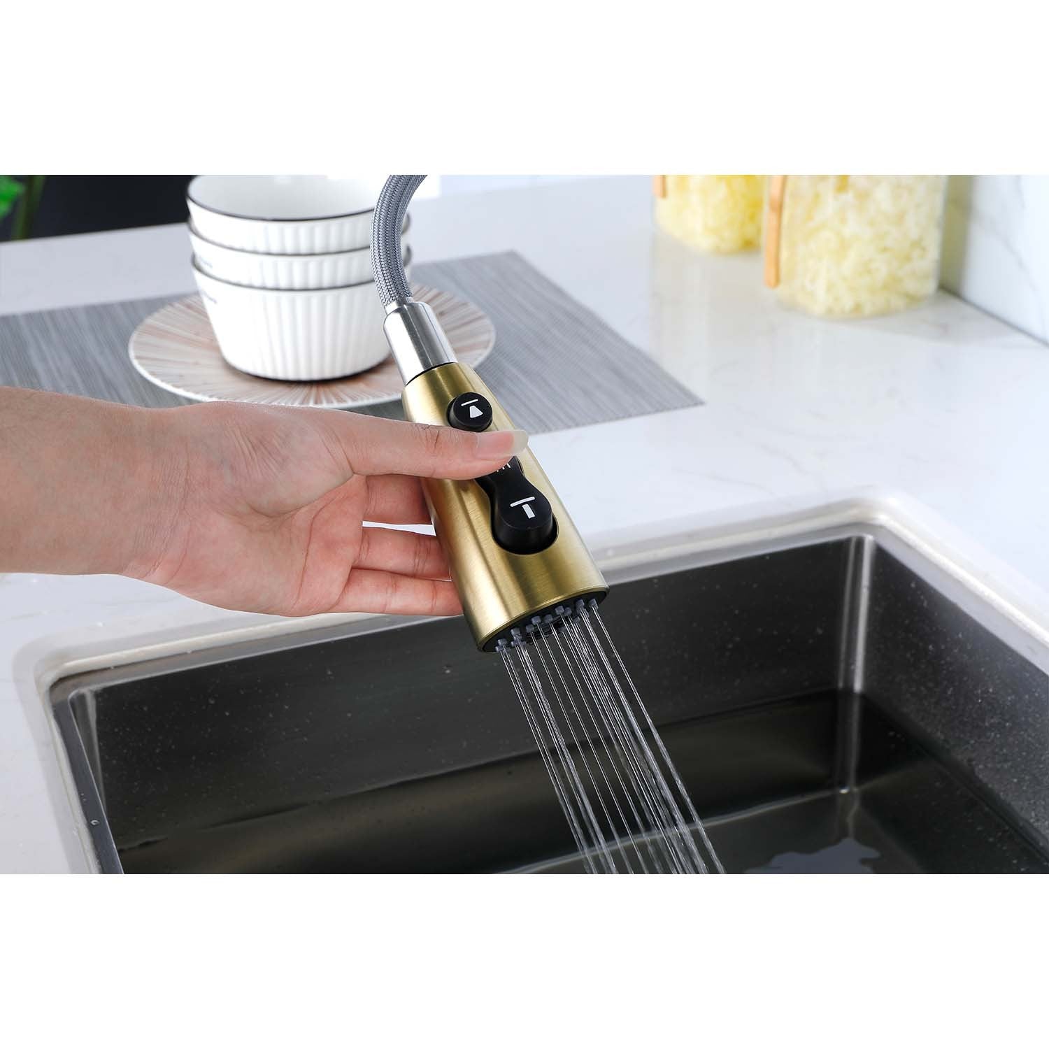 Kitchen Faucet With Pull Down Sprayer Brushed Gold Stainless Steel