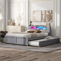 Queen Size Wood Storage Platform Bed With Led, 2 Drawers And 1 Twin Size Trundle, Gray Box Spring Not Required Queen Gray Wood Bedroom Bed Frame Solid Wood Mdf