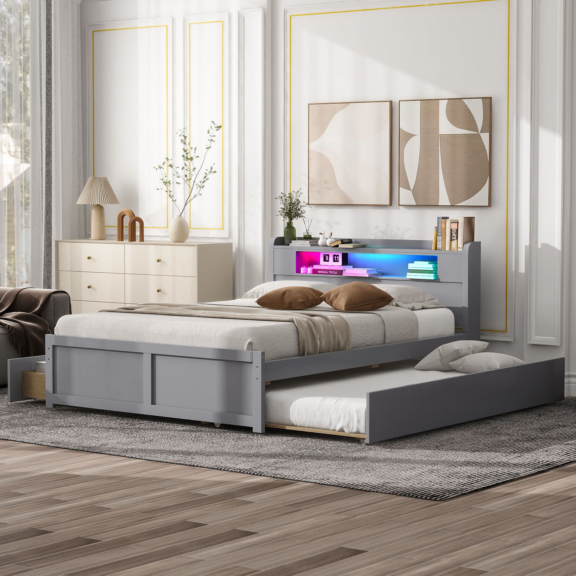 Queen Size Wood Storage Platform Bed With Led, 2 Drawers And 1 Twin Size Trundle, Gray Box Spring Not Required Queen Gray Wood Bedroom Bed Frame Solid Wood Mdf