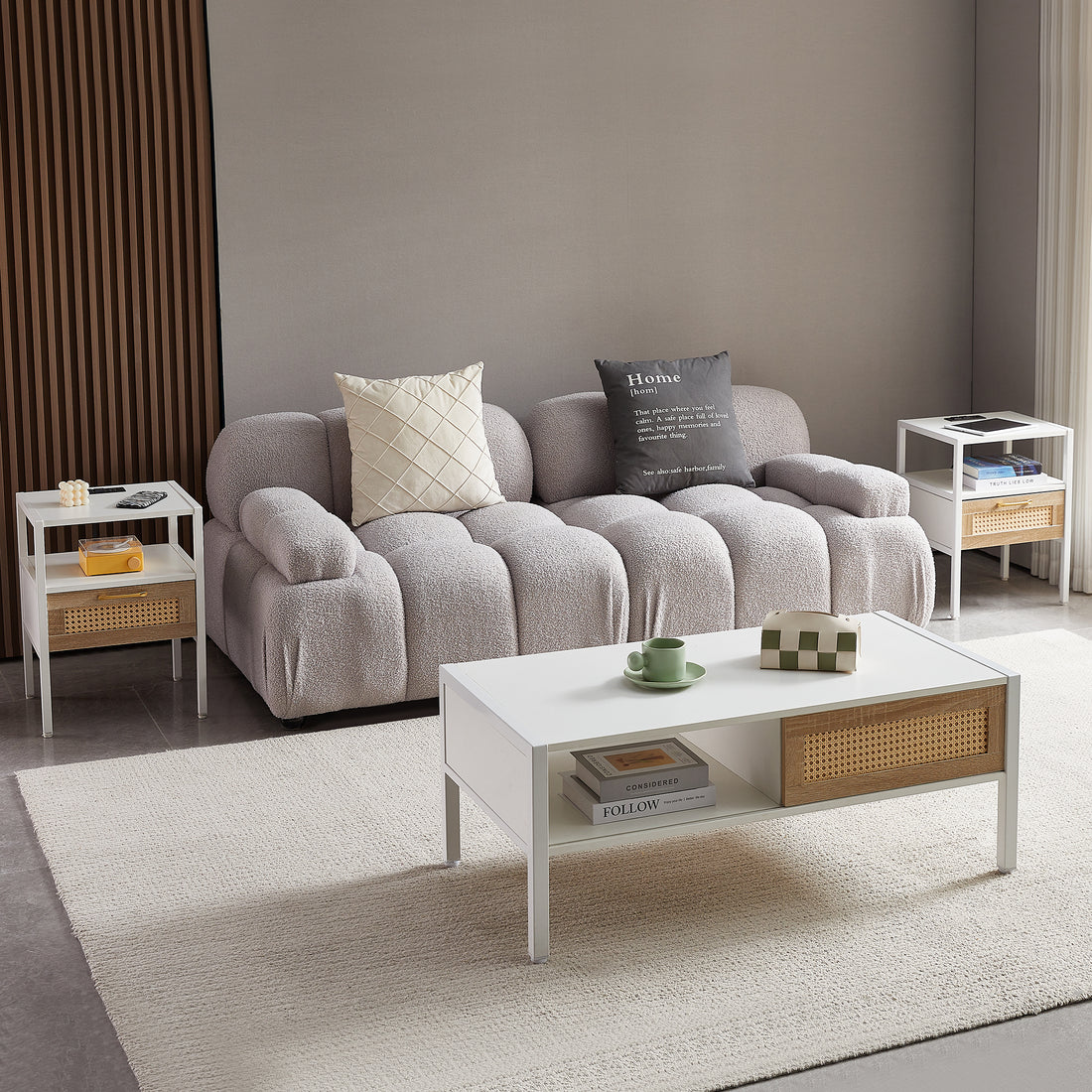 Set Of 2, 15.75" Rattan End Table With Power Outlet & Usb Portsmodern Nightstand With Drawer And Metal Legs, Side Table For Living Room, Bedroom,White White Mdf Metal