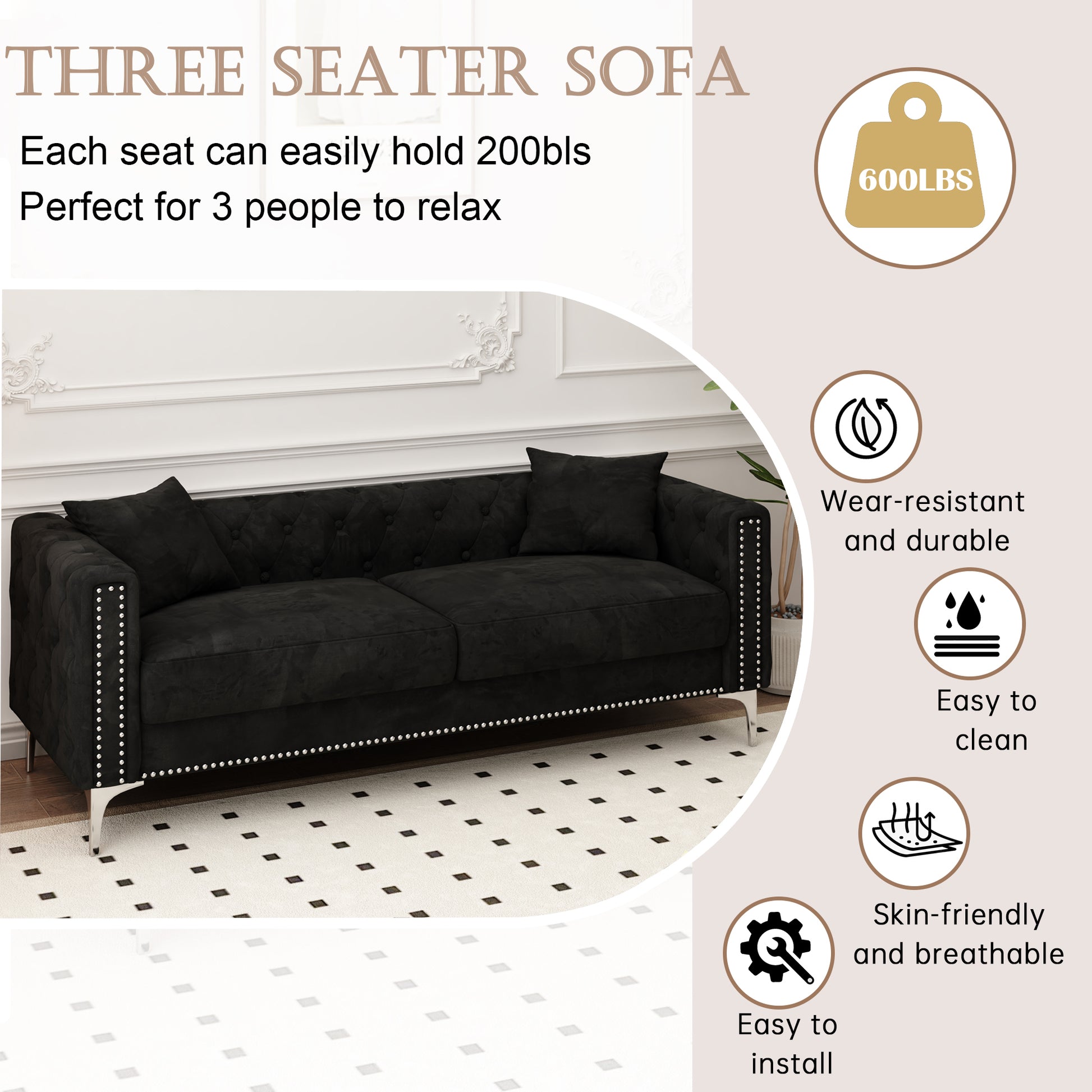 Sofa Includes 2 Pillows, 83 "Black Velvet Triple Sofa, Suitable For Large And Small Spaces Black Velvet