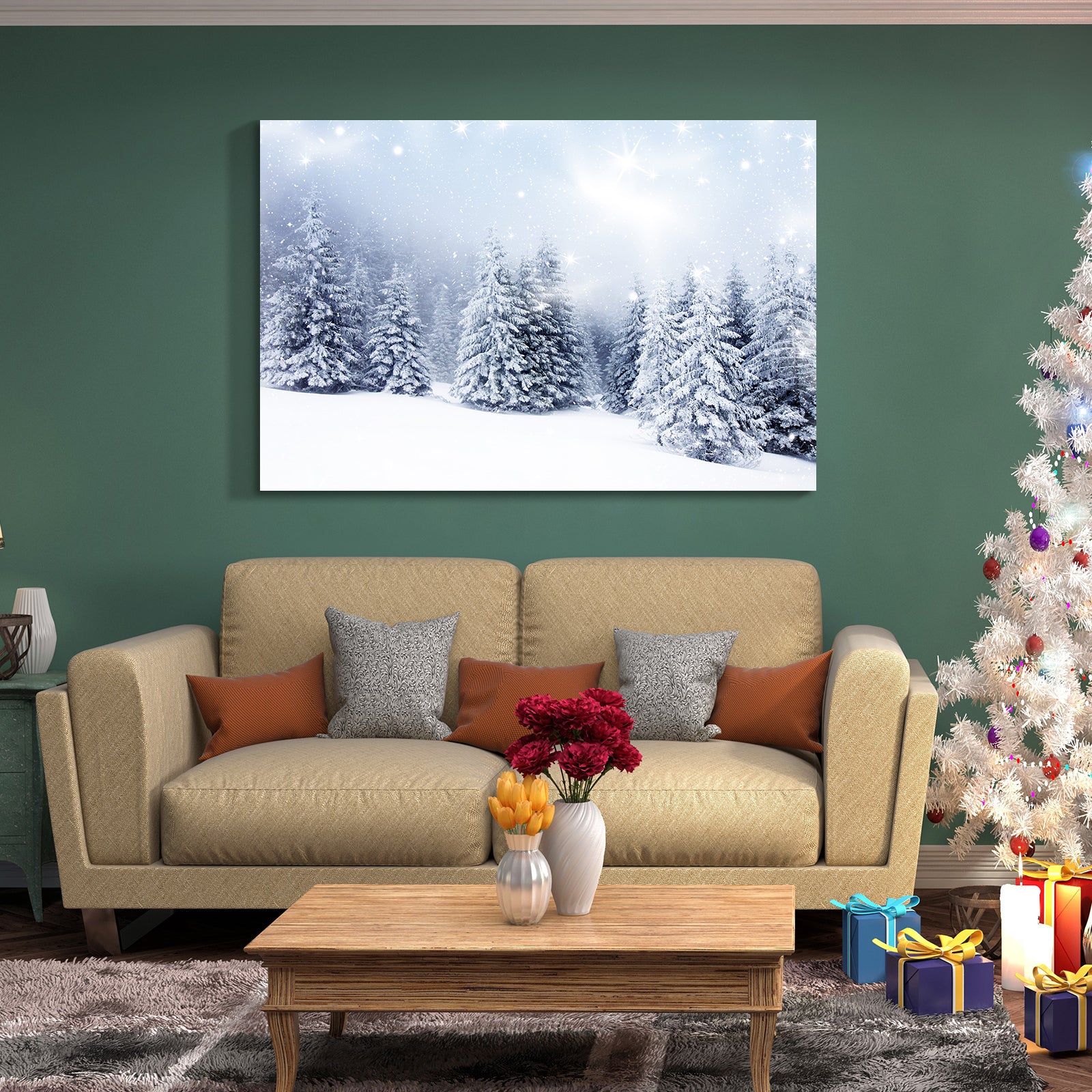 Framed Canvas Wall Art Decor Painting For Chrismas, Winter Pine Forest Chrismas Gift Painting For Chrismas Gift, Decoration For Chrismas Eve Living Room, Bedroom Decor 2418In Thickness 1.5Inch Rectangle Framed Multicolor Christmas Oversized 41In Canvas