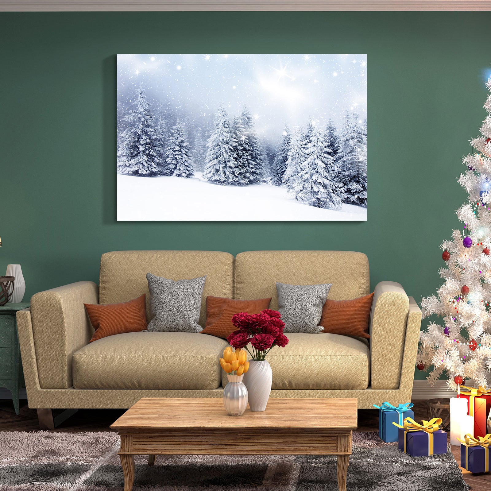 Framed Canvas Wall Art Decor Painting For Chrismas, Winter Pine Forest Chrismas Gift Painting For Chrismas Gift, Decoration For Chrismas Eve Living Room, Bedroom Decor 4028In Thickness 1.5Inch Rectangle Framed Multicolor Christmas Oversized 41In Canvas