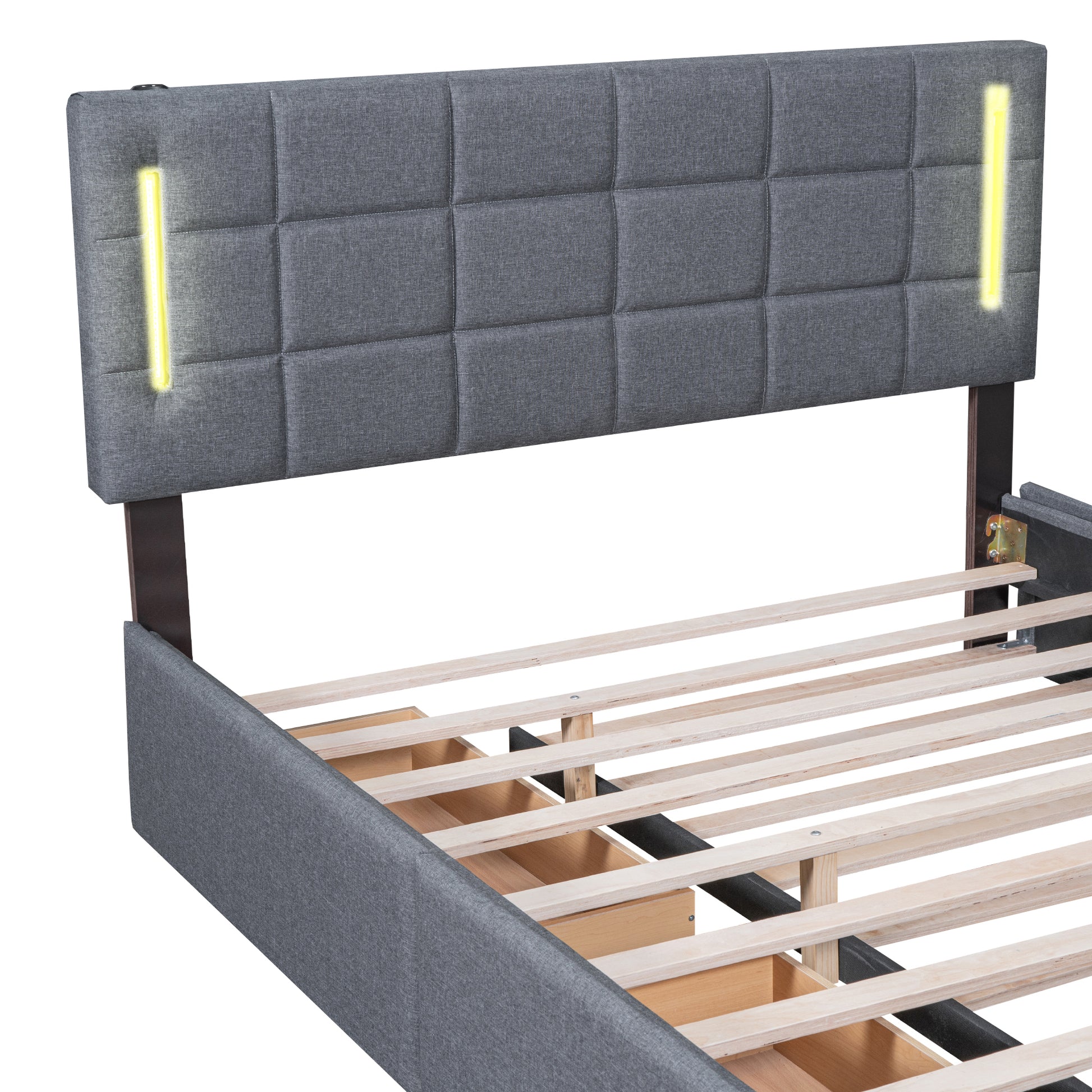 Queen Size Upholstered Platform Bed With Trundle And Drawers, Gray Queen Gray Upholstered