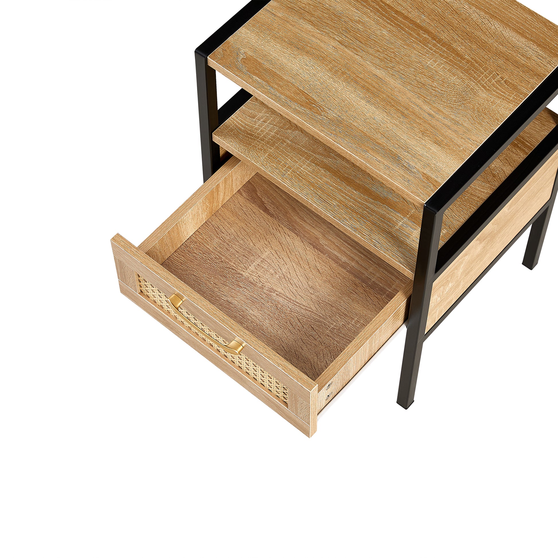 Set Of 2, 15.75" Rattan End Table With Drawer, Modern Nightstand, Metal Legs,Side Table For Living Room, Bedroom,Natural Natural Mdf Metal
