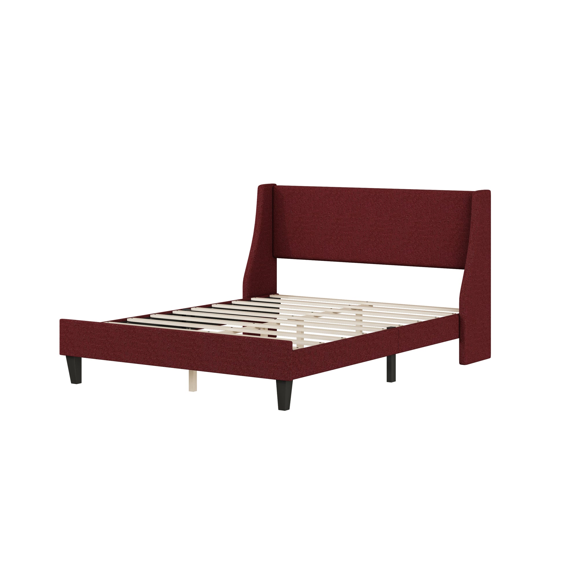 Full Size Bedframe Upholstered Bed Frame Platform, Non Adjustable Headboard Linen Fabric Headboard Wooden Strip Support No Box Spring Easy Assembly Mattress Base, Orange Full Red Bedroom Metal & Wood