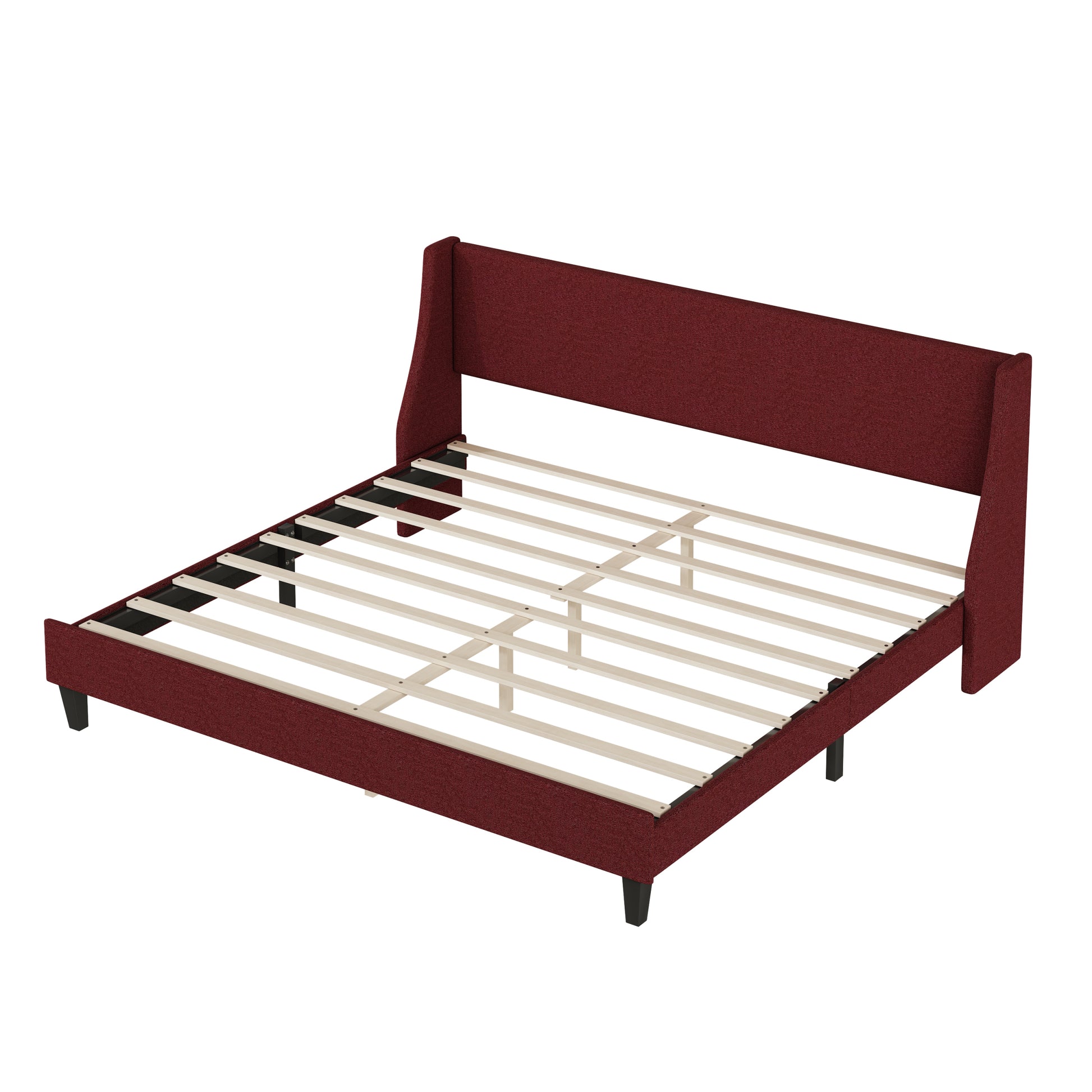 King Size Bed Frame Upholstered Bed Frame Platform ,Non Adjustable Headboard Linen Fabric Headboard Wooden Slats Support No Box Spring Needed Easy Assembly Mattress Foundation, Orange King Red Metal & Wood