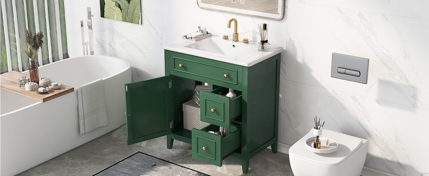 30" Bathroom Vanity With Sink Top, Bathroom Vanity Cabinet With Door And Two Drawers, Solid Wood Frame, One Package, Green Old Sku:Wf311620Aag Green Solid Wood Mdf