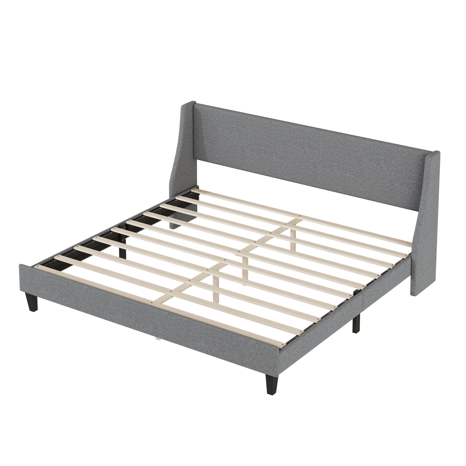 King Size Bed Frame Upholstered Bed Frame Platform ,Non Adjustable Headboard Linen Fabric Headboard Wooden Slats Support No Box Spring Needed Easy Assembly Mattress Foundation, Light Gray King Light Gray Metal & Wood