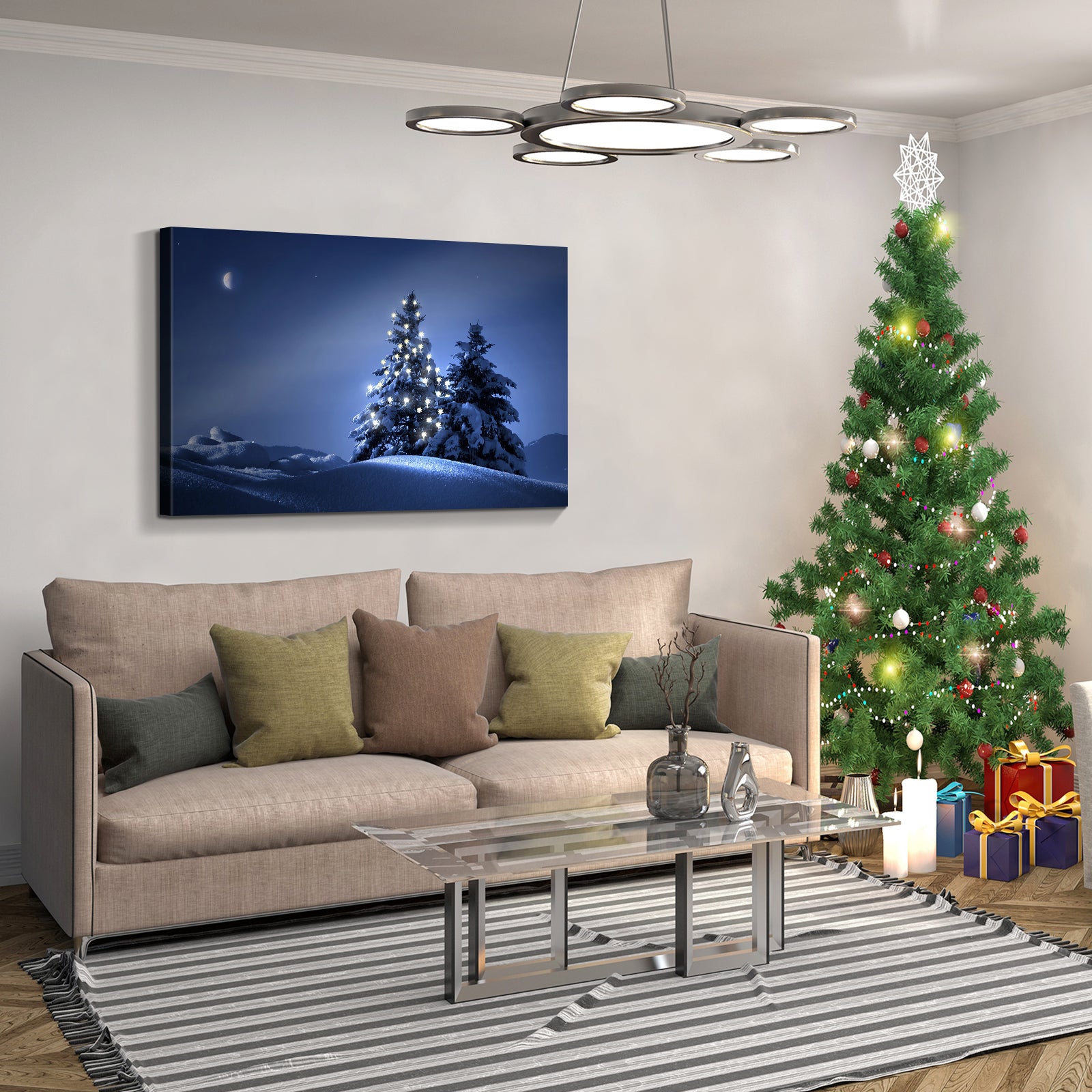 Framed Canvas Wall Art Decor Painting For Chrismas, Lighted Pine Tree At Night Chrismas Gift Painting For Chrismas Gift, Decoration For Chrismas Eve Office Living Room, Bedroom Decor Ready To Han Rectangle Framed Multicolor Christmas Oversized 41In