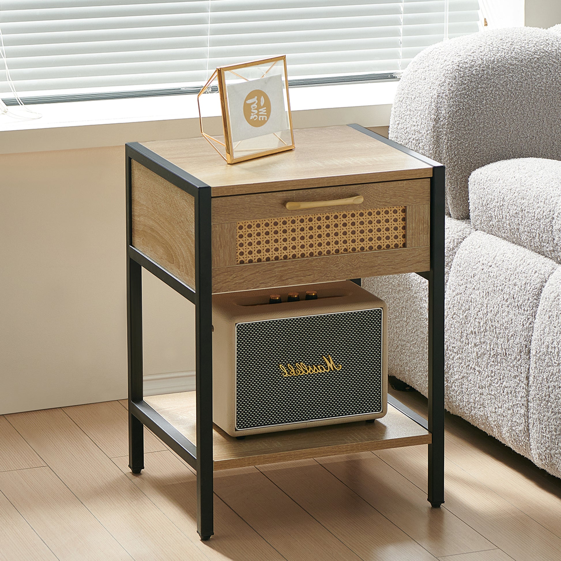 Set Of 2, 15.74" Rattan End Table With Drawer, Modern Nightstand, Metal Legs,Side Table For Living Room, Bedroom,Natural Natural Mdf Metal