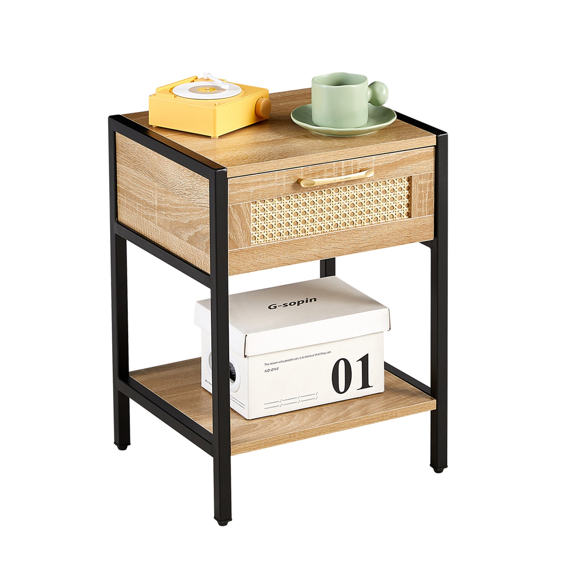 Set Of 2, 15.74" Rattan End Table With Drawer, Modern Nightstand, Metal Legs,Side Table For Living Room, Bedroom,Natural Natural Mdf Metal