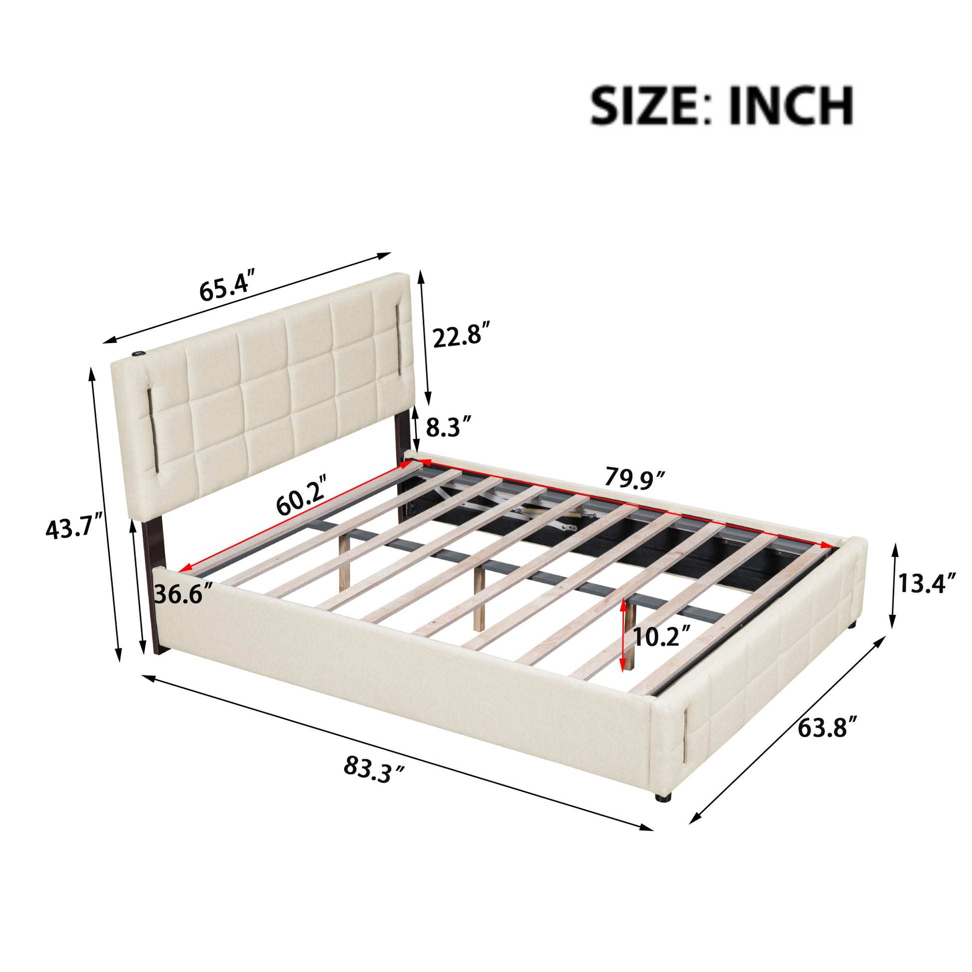 Queen Size Upholstered Bed With Hydraulic Storage System And Led Light, Beige Queen Beige Linen