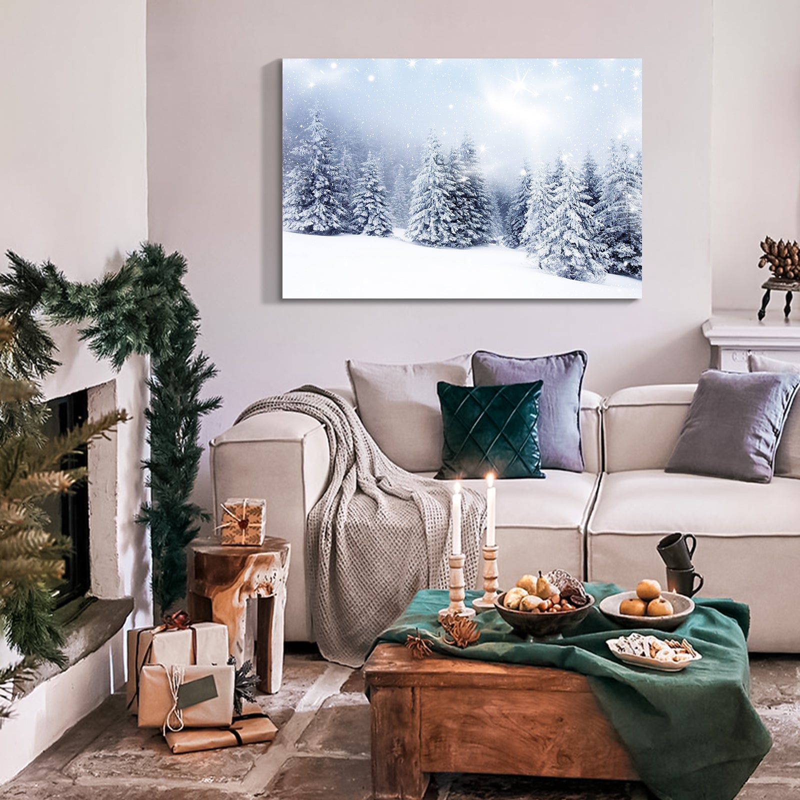 Framed Canvas Wall Art Decor Painting For Chrismas, Winter Pine Forest Chrismas Gift Painting For Chrismas Gift, Decoration For Chrismas Eve Living Room, Bedroom Decor 1812In Thickness 1.5Inch Rectangle Framed Multicolor Christmas Oversized 41In Canvas